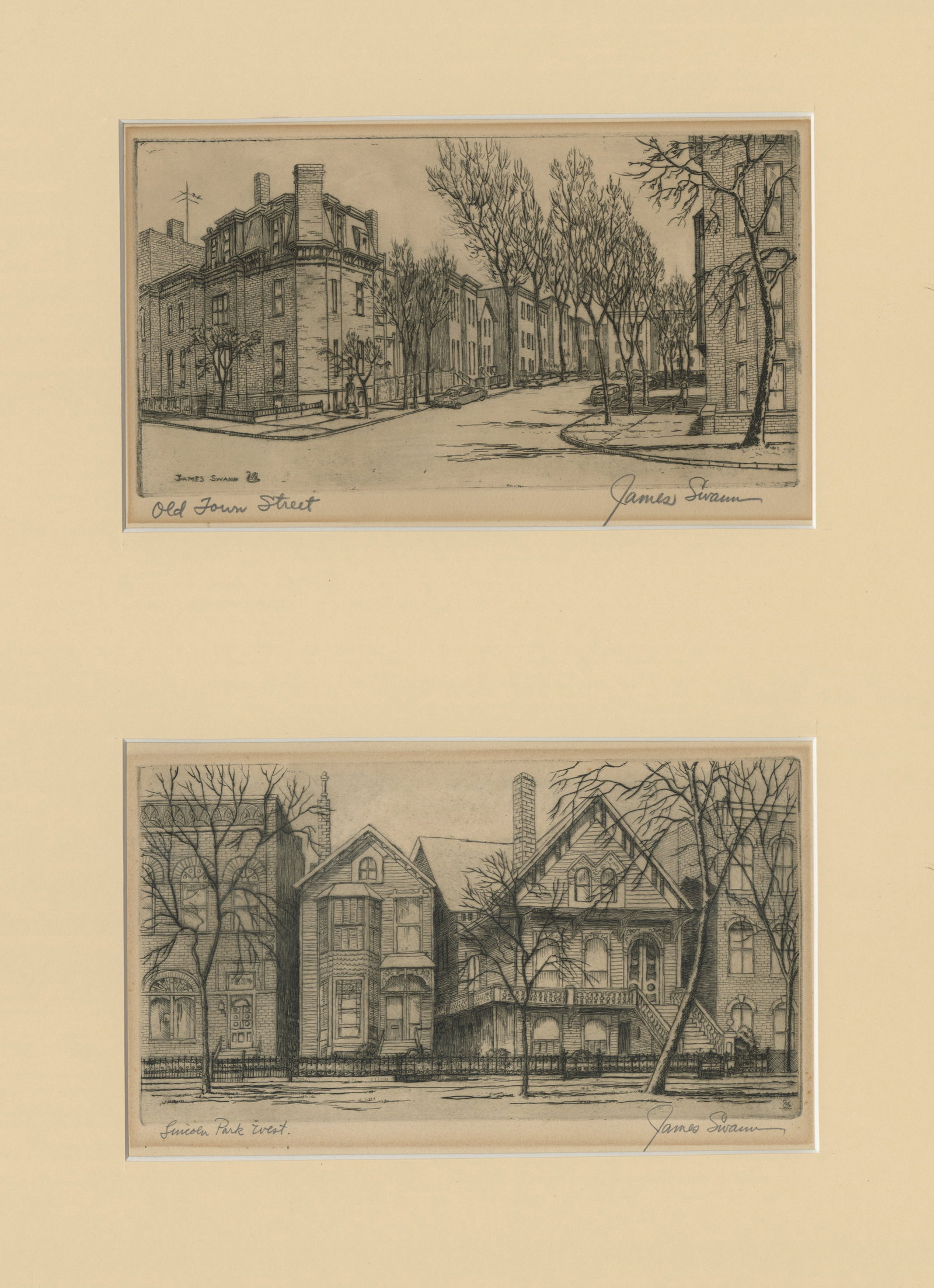 James SWANN: Two etchings.: Two etchings by James SWANN (American, 1905-1985): 1) "Old Town Street". Etching on wove paper, 1969. Reference: Czestochowski 263. Signed and titled in pencil. Plate size: 4 7/8 x 9 inches. Sheet