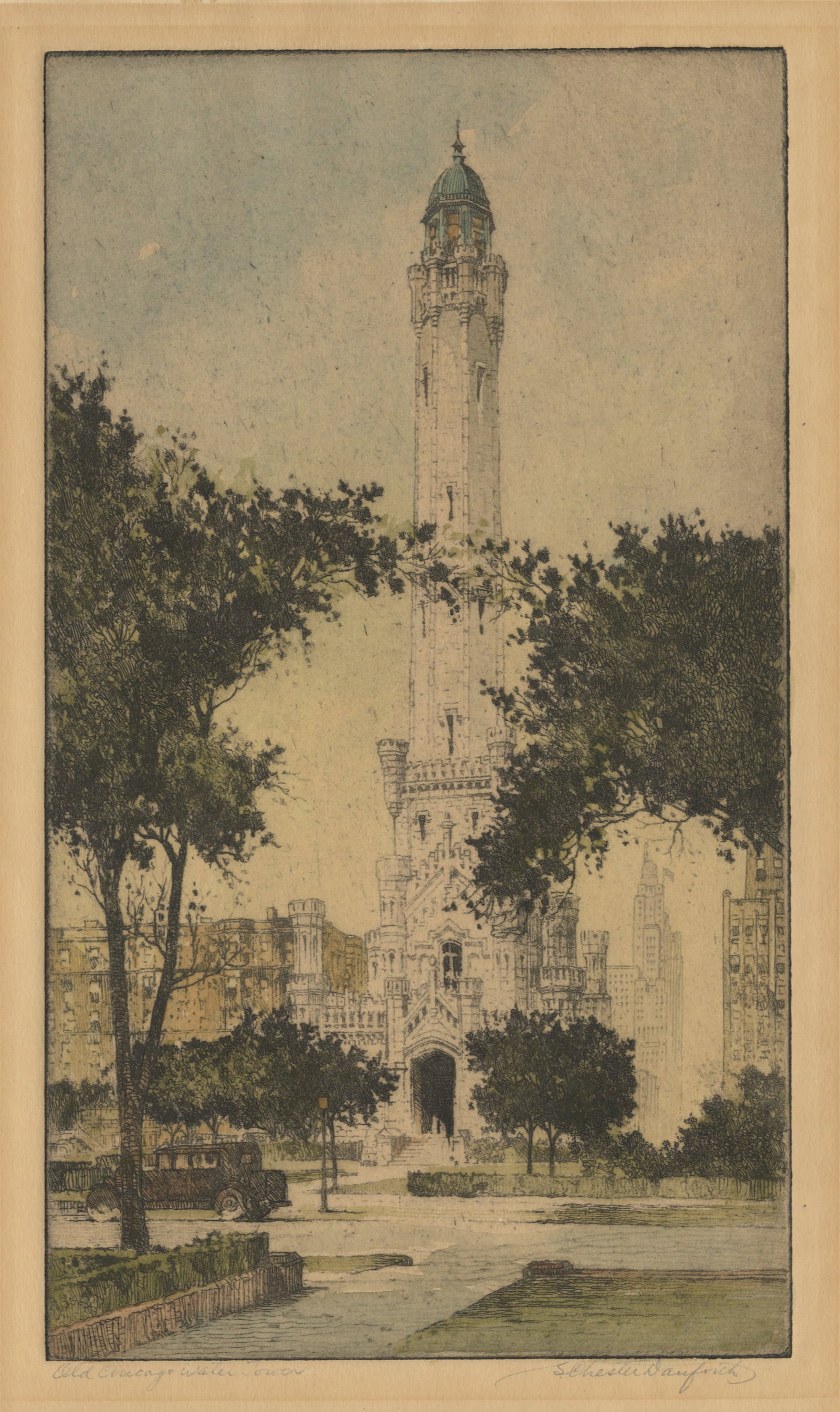 S. Chester DANFORTH: "Old Chicago Water Tower".: S. Chester DANFORTH (American, 1896 - 1959): "Old Chicago Water Tower". Etching, with handcoloring on wove paper, circa 1925. Signed and titled in pencil. Plate size: 11 7/8 x 6 3/4 inches. Sheet size
