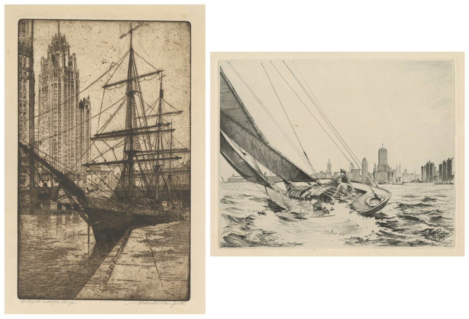 Two Maritime Themed Etchings of Chicago.: Two Maritime Themed Etchings of Chicago. 1) S. Chester DANFORTH (American, 1896 - 1959): "Byrd's South Pole Ship" (Looking towards Tribune Tower). Etching and aquatint on wove paper. Edition of 100.