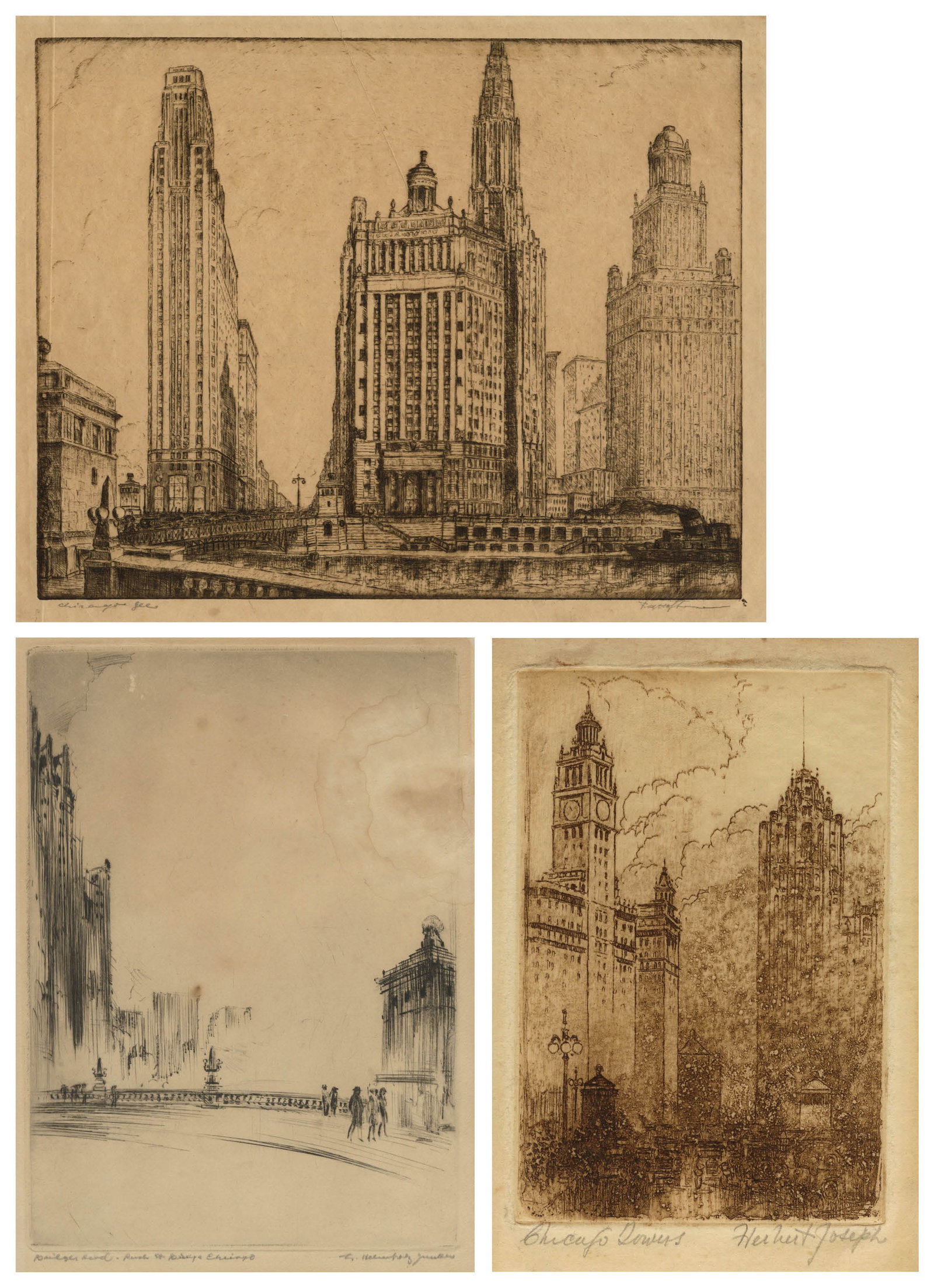 Three Views of the Michigan Avenue Bridge....: Three Views of the Michigan Avenue Bridge and Towers. 1) Illegibly Signed: "Chicago Scene" (Towers South of the River, Seen from Wrigley Building Plaza). Etching on simili-Japan paper. Signed and