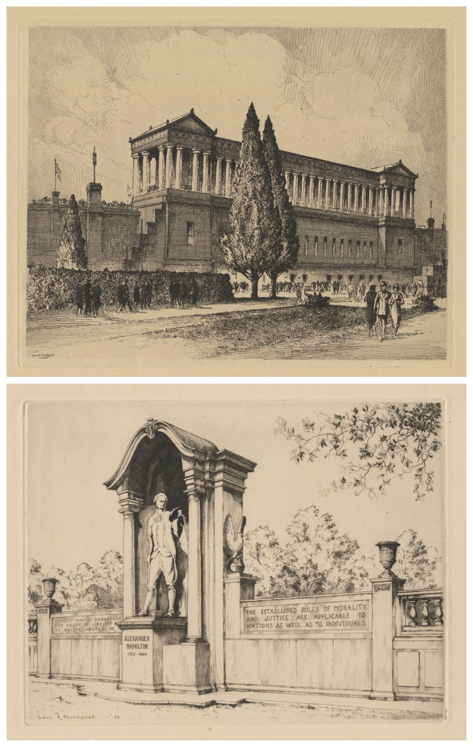 Leon Rene PESCHERET: Two etchings.: Two etchings by Leon Rene PESCHERET (American, 1892-1971): "Soldier Field" (The Collonade seen from the Lake Shore Drive Promenade, Chicago). Etching on wove paper, 1934. Published as Christmas and