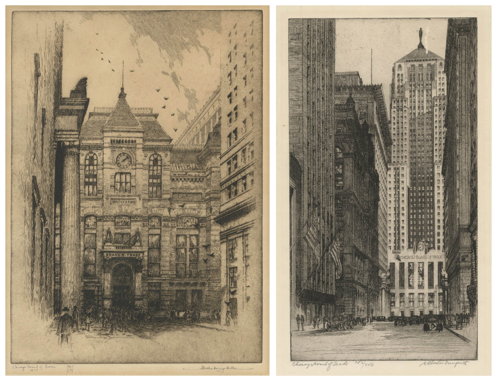 Etchings of the Old and the New Board of....: Etchings of the Old and the New Board of Trade in Chicago. 1) Morris Henry HOBBS (1892-1967): "Chicago Board of Trade 1928". Etching on wove paper. Edition of 150. Signed, titled, and numbered in