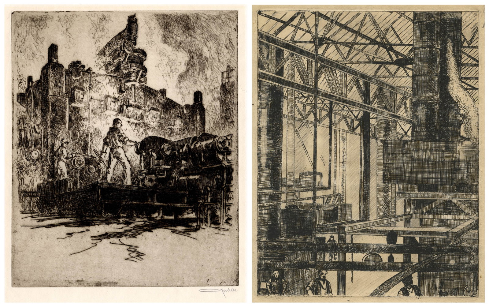 KUHLER: "The Piercer (machine for making...": Otto KUHLER (German American, 1894-1977): "The Piercer (machine for making seamless tubes)". Etching with marm plate tone on laid paper. Signed in pencil. Plate size: 10 3/4 x 8 7/8 inches. Sheet