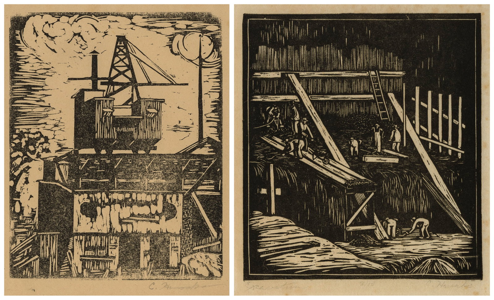 Two industrial/construction linocuts.: Two industrial/construction linocuts. 1) Excavation. Linocut or woodcut on wove Japan paper. Edition of 15. Signed (illegibly), numbere, and titled in pencil. Sheet size: 10 1/4 x 8 3/4 inches. We