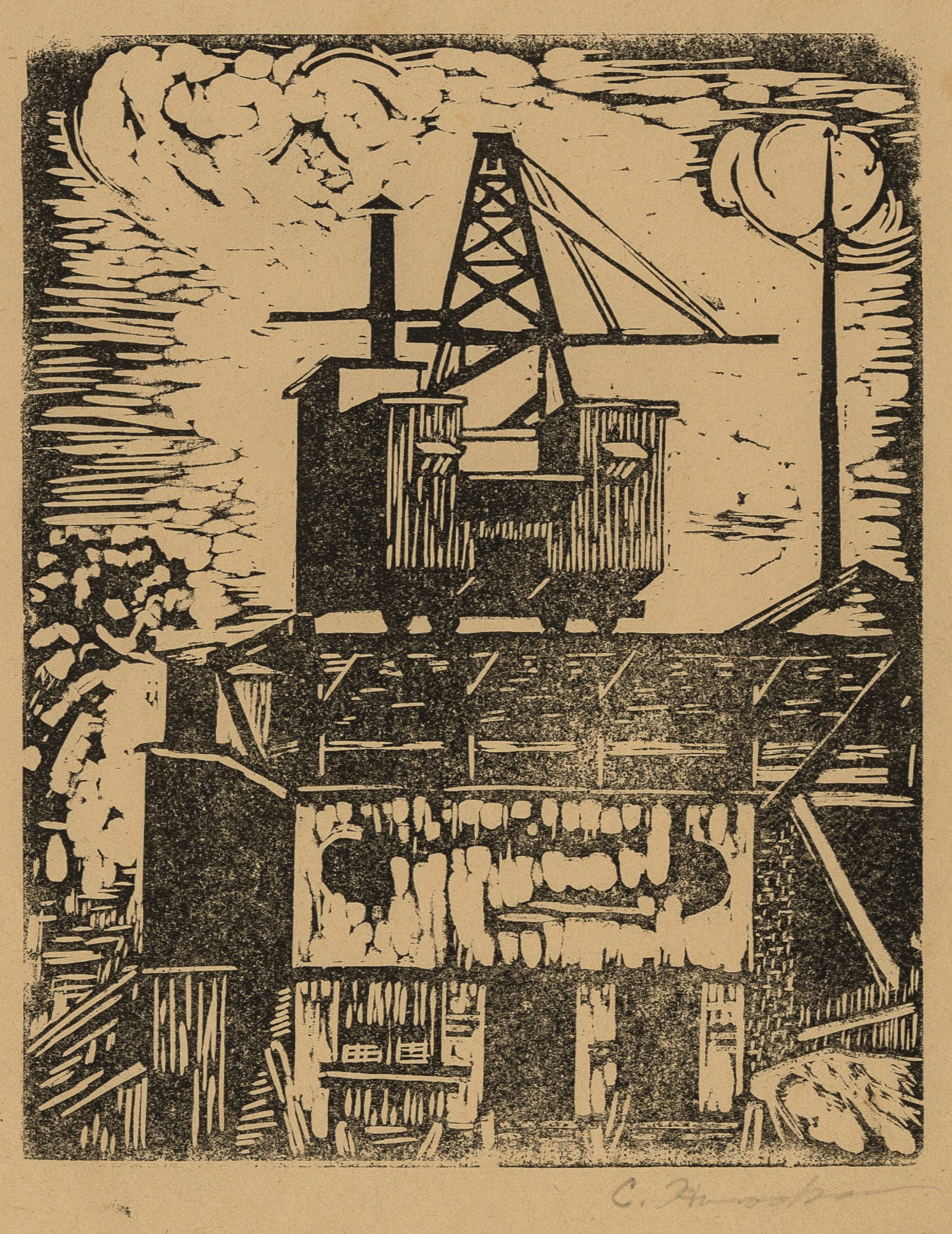 Two industrial/construction linocuts. - 2