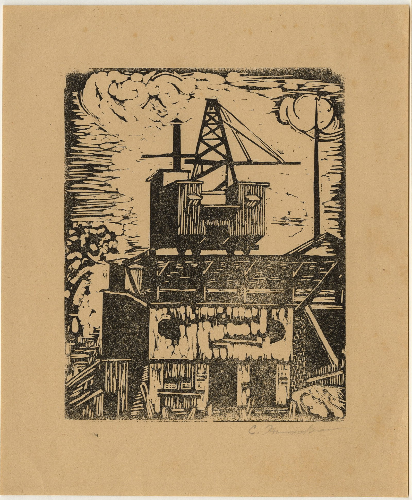 Two industrial/construction linocuts. - 4