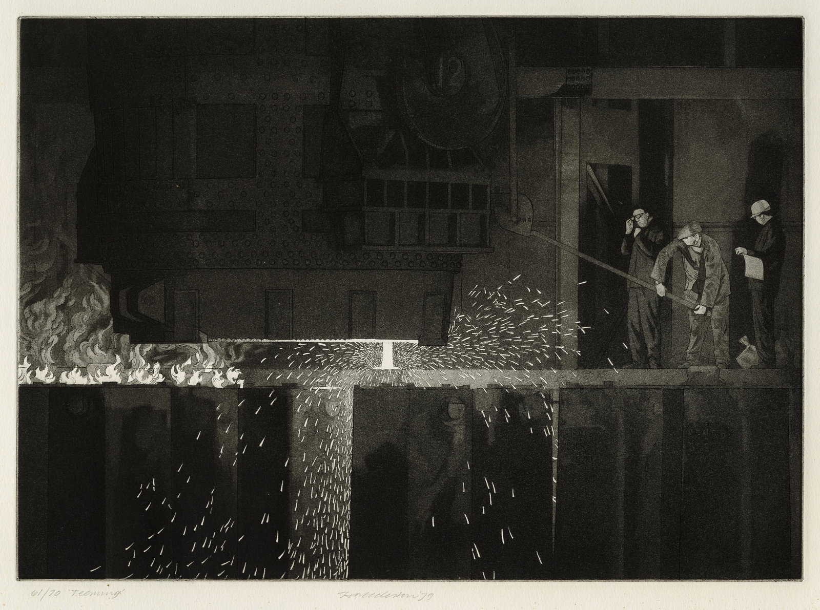 Harry ECCLESTON: "Teeming".: Harry ECCLESTON (British, 1923-2010): "Teeming". Aquatint and etching on wove paper, 1979. Edition of 70. Signed, titled, dated, and numbered in pencil. Plate size: 10 x 13 3/4 inches. Sheet size: 18