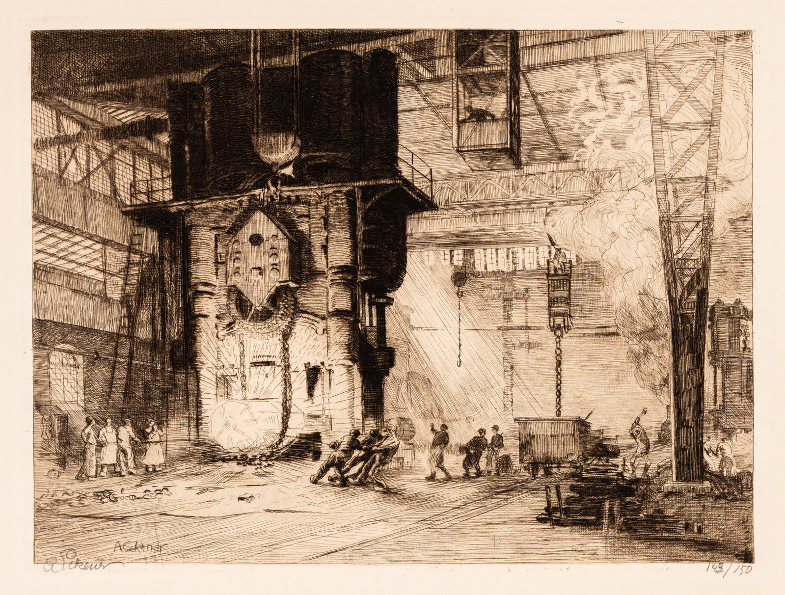 Alexander ECKENER: "Metallurgy".: Alexander ECKENER (German, 1970-1944): "Metallurgy". Etching beige wove paper, 1922-23. From the "Staetten der Arbeit" portfolio, published by Bruckman, Munich. Edition of 150. Signed and numbered in