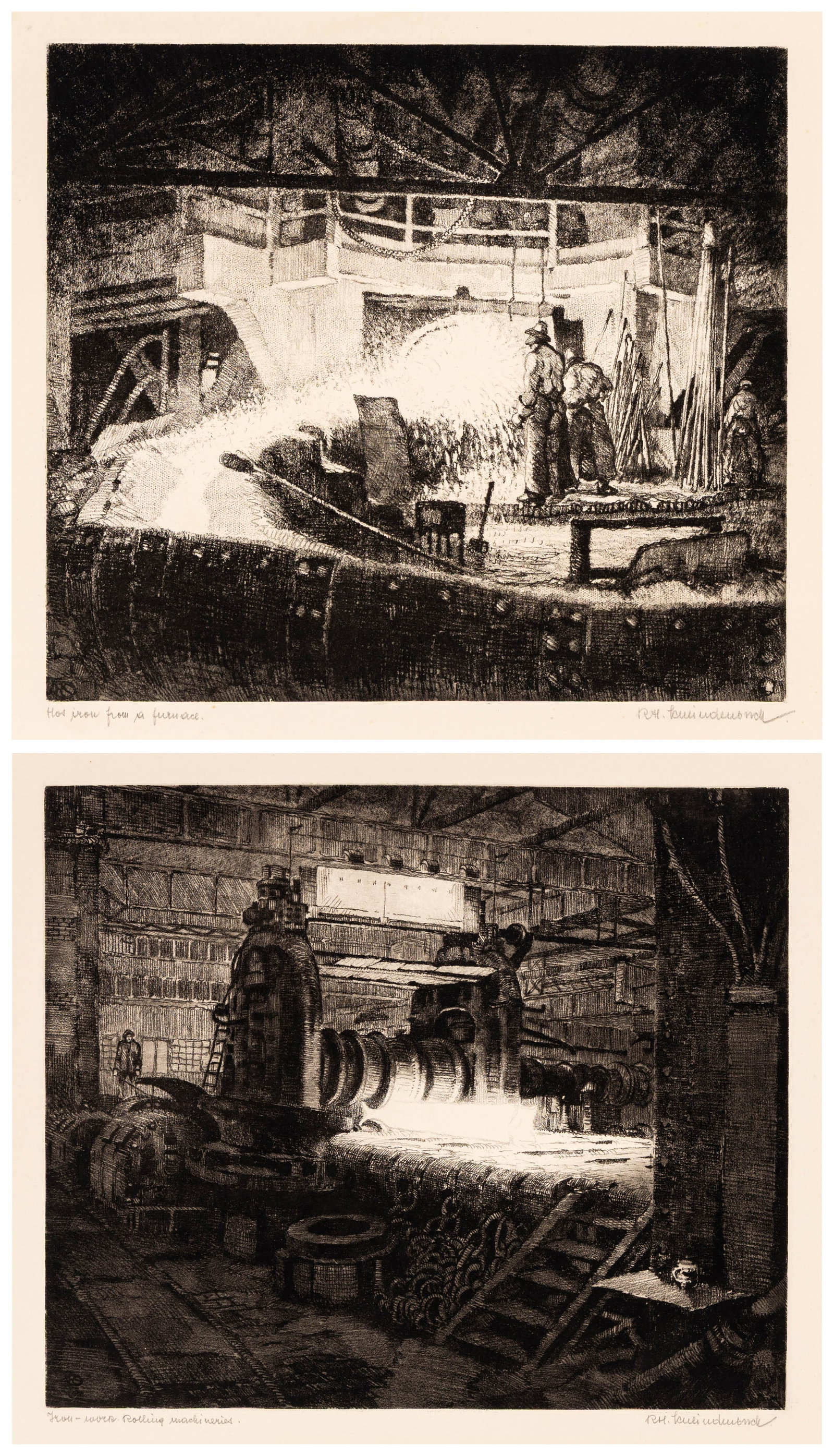 SCHLINDENBUCH: Two soft-ground etchings.: Two soft-ground etchings by Rudolf Herbert SCHLINDENBUCH (German, 1877-1934): "Hot Iron from a Furnace", "Iron-Works Rolling Machineries". Soft-ground etchings on wove paper. Editions of 100. Signed