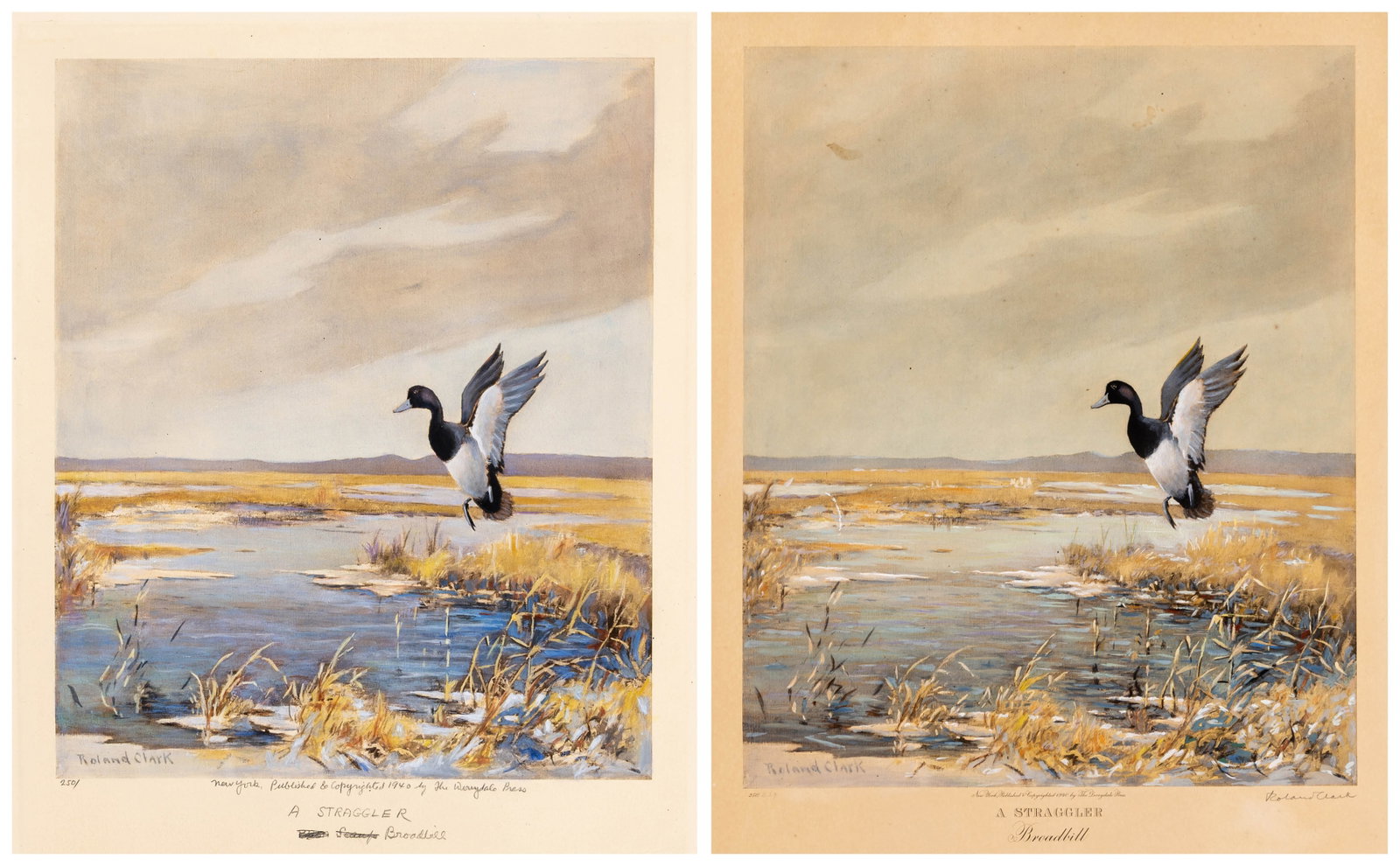Roland CLARK: Original gouache and print pair.: Original gouache and print pair by Roland CLARK (American, 1874-1957): "A Straggler". Gouached etching on thick wove paper, 1939-1940. This is the mockup, gouached by the artist over a basic etched