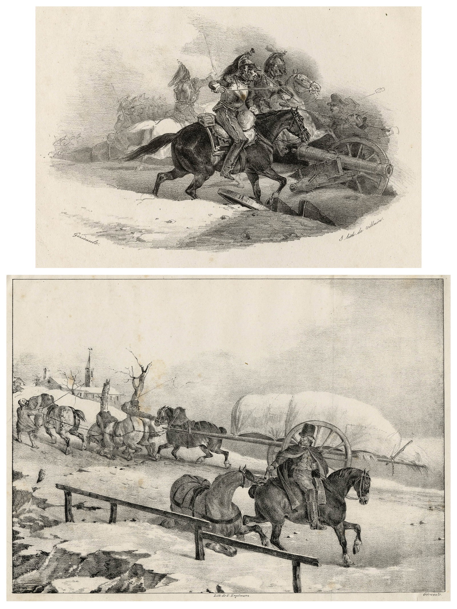 GERICAULT: "Roulier Montent une Cote".: Jean Louis Theodore GERICAULT (French, 1791-1824): "Roulier Montent une Cote" Reference: Delteil, 76, III/V. We add: "Cuirassiers Chargeant". Reference: Deltiel 62, II/II. Lithographs on wove paper,