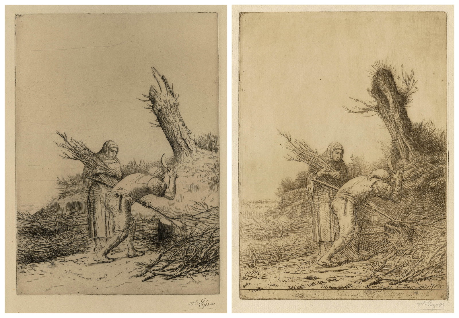 Alphonse LEGROS: "Les Faiseurs de Fagots".: Alphonse LEGROS (French, 1837-1911): "Les Faiseurs de Fagots". Etchings. Reference: Bliss 182. A reunion of two impressions, of the first and second states. 1) The first state printed in black ink on 