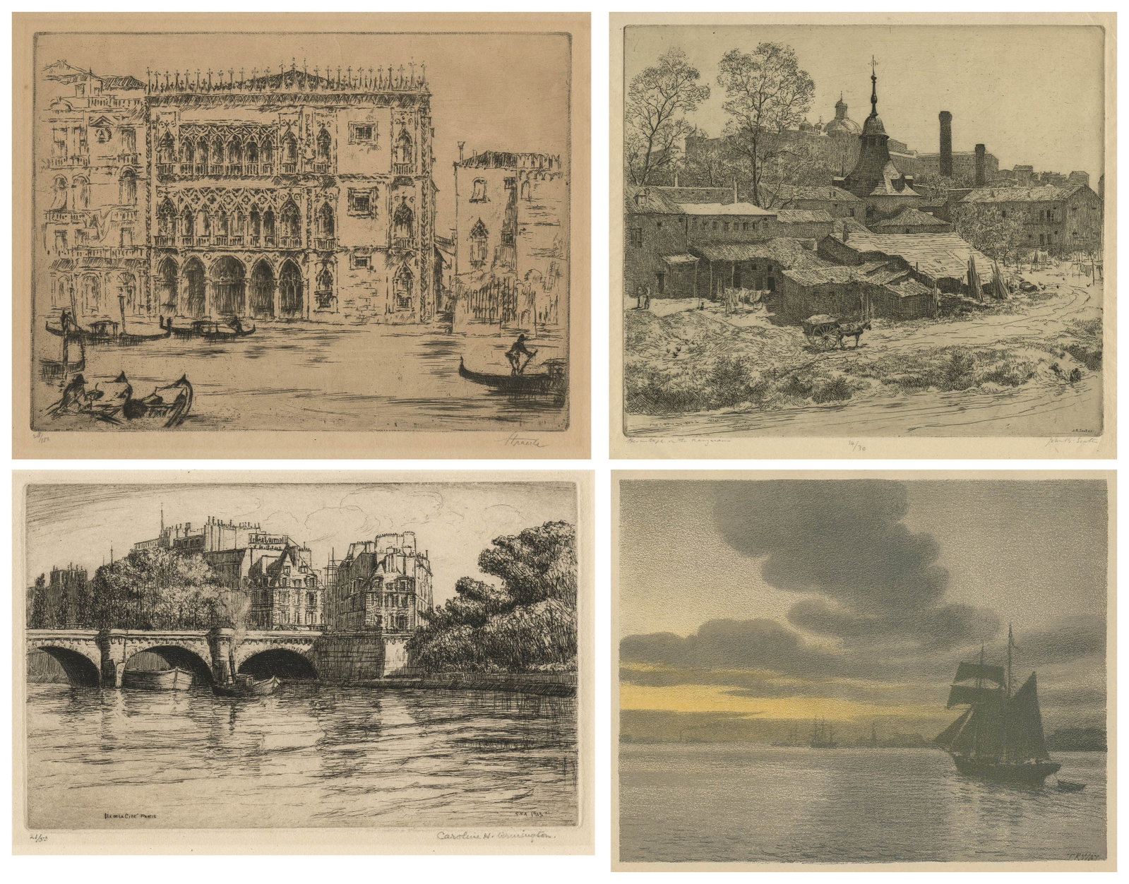 Four 19th century European prints featuring....: Four 19th century European prints featuring Ca d'Oro in Venice and other locations. Includes etchings by Caroline ARMINGTON (Canadian, 1875-1939), Otto STRAECHE (Austrian, 1889-1945), Thomas WAY
