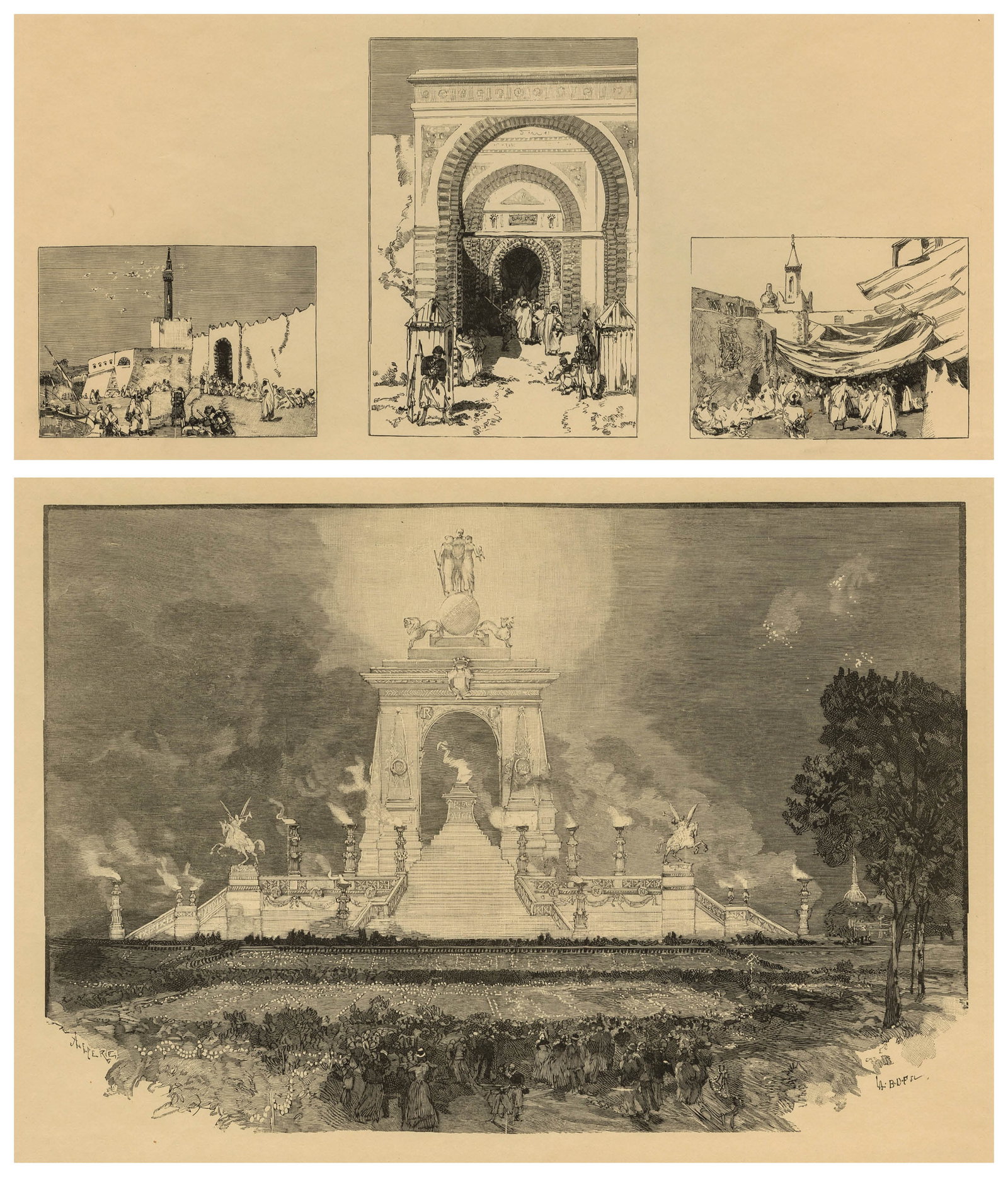 LEPERE: "Le Mer Interieure Africaine...": Auguste LEPERE (French, 1849-1918): "Le Mer Interieure Africaine, Exploration de M. Le Commandant Landas, Le Souk dans l'Oasis d' Oudreff". A Trio of wood engravings on a single sheet of wove paper,