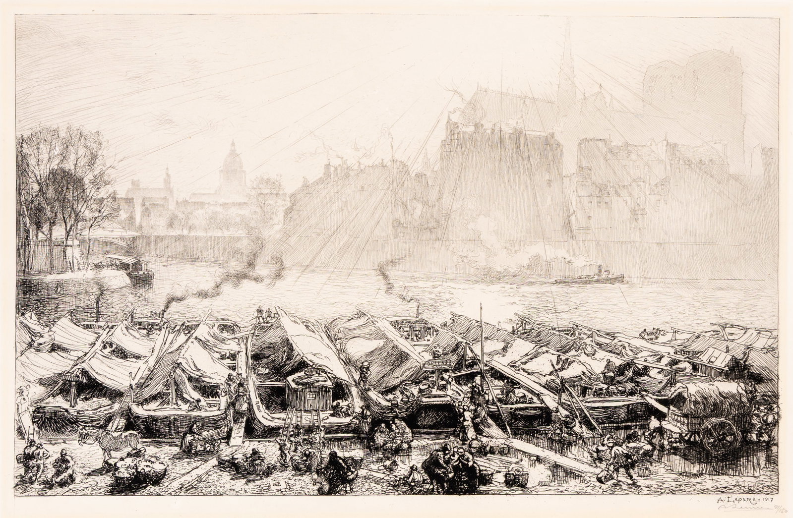 Auguste LEPERE: "Le Grand Marche aux Pommes".: Auguste LEPERE (French, 1849-1918): "Le Grand Marche aux Pommes". Etching on wove Van Gelder paper, 1891-1917. Reference: Lotz-Brissonneau 35; Texier-Bernier 435. Edition of 150. Signed and numbered