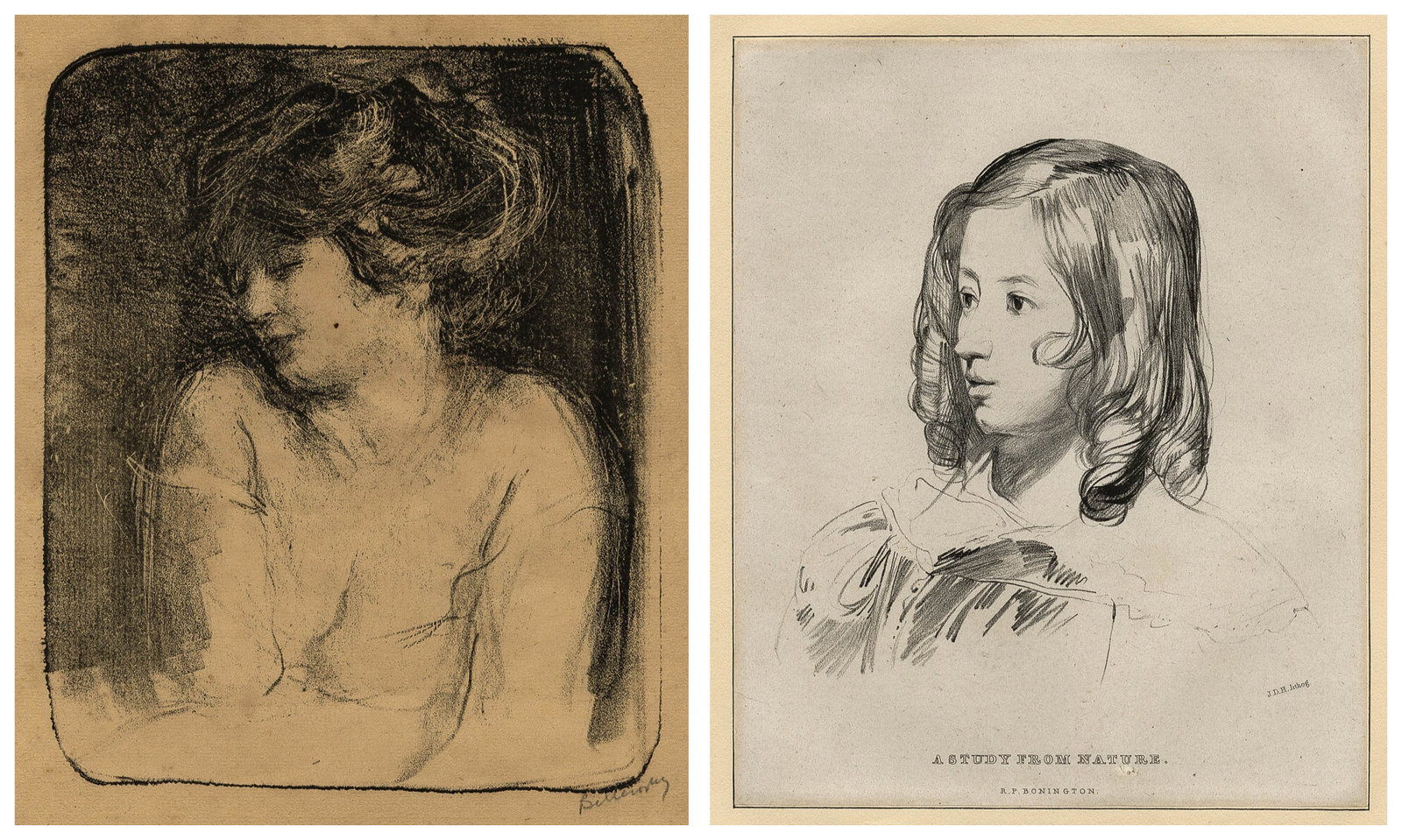 Albert de BELLEROCHE: "Tete de Femme".: Albert de BELLEROCHE (French, 1864-1944): "Tete de Femme". Lithograph on dark cream laid paper. Image size: 6 3/4 x 5 3/4 inches. Sheet size: 9 3/4 x 8 7/8 inches. Together with Richard Parks