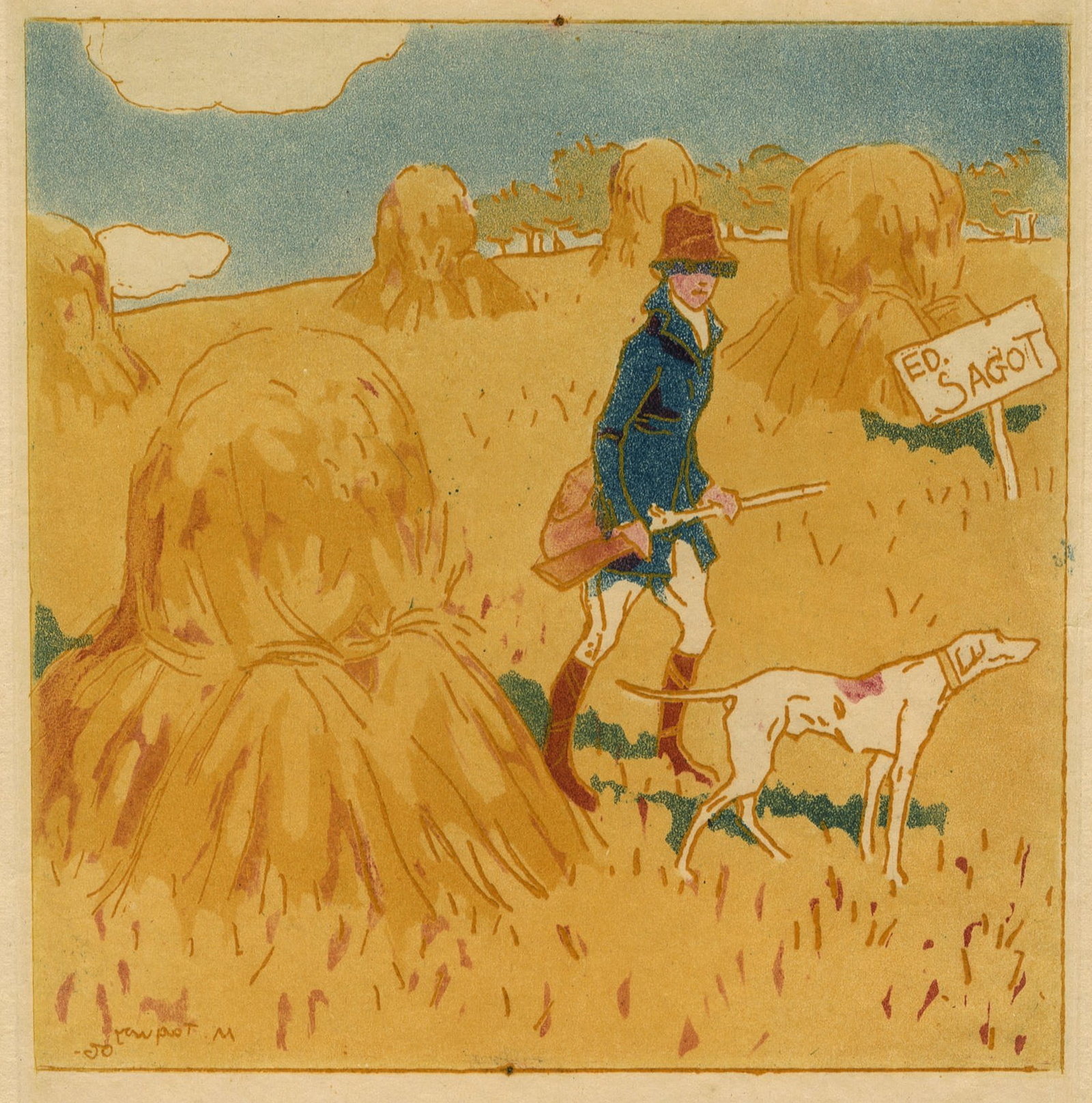 Maurice TAQUOY: "L'Adresse Sagot".: Maurice TAQUOY (French, 1878-1952): "L'Adresse Sagot" or "La Chasse". Color aquatint and soft-ground etching on simili-Japan wove paper, 1906. Advertisement for Edmond Sagot, a famous Paris print