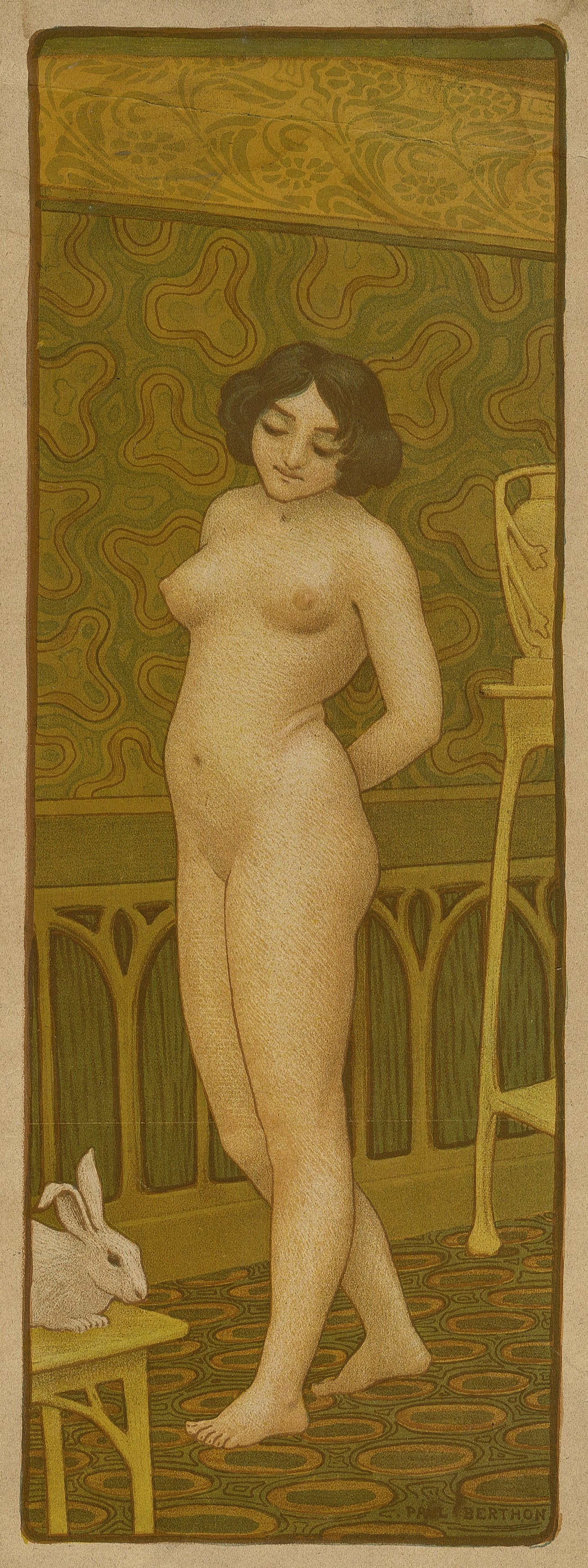 Paul BERTHON: "Petit Nu au Lapin".: Paul BERTHON (1872-1909): "Petit Nu au Lapin". Color lithograph on wove paper, 1899. Refrence: Arwas 47. Plate 5 from a series of six decorative nudes titled "Six Petits Nus". Signed in the stone,