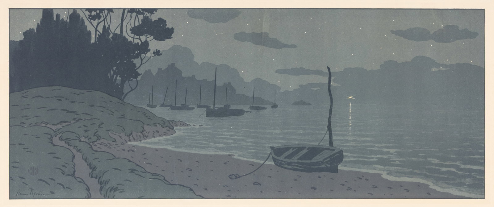 Henri RIVIERE: "La Nuit".: Henri RIVIERE (French, 1864-1951): "La Nuit". Color lithograph printed on smooth wove paper, 1902. Reference: Levasseur and Lestum 76. Plate 15 from the series of 16 lithographs titled La "Feerie des