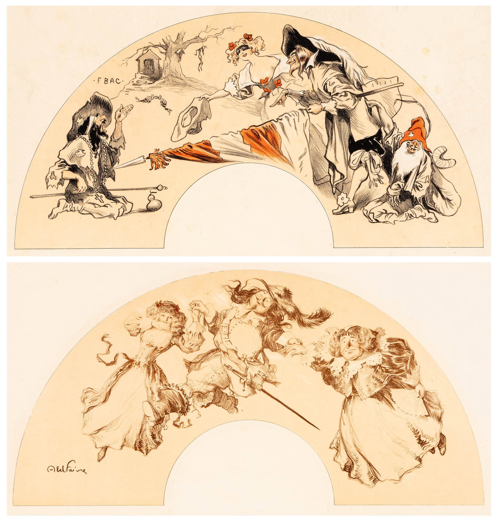 Two fan designs.: Two fan designs. 1) Abel FAIVRE (French, 1867-1945). Color lithograph printed in three tones on wove paper. Signed in the stone. Image size: 9 3/4 x 19 1/2 inches. Sheet size: 15 x 21 3/8 inches. 2) F