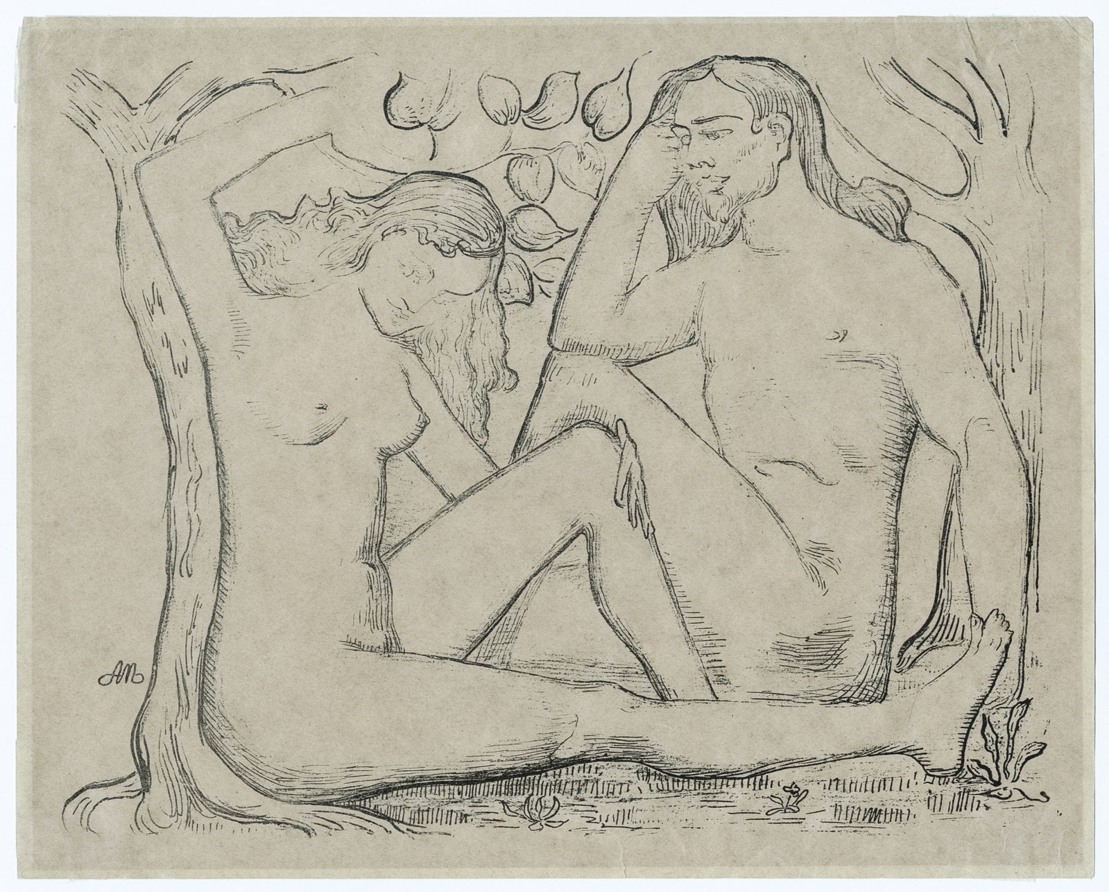 Aristide MAILLOL: "Adam et Eve".: Aristide MAILLOL (French, 1861-1944): "Adam et Eve". Zincograph on tan wove paper, 1895. Reference: Guerin 262. Monogrammed in the image. Sheet size: 10 1/2 x 13 1/8 inches.
