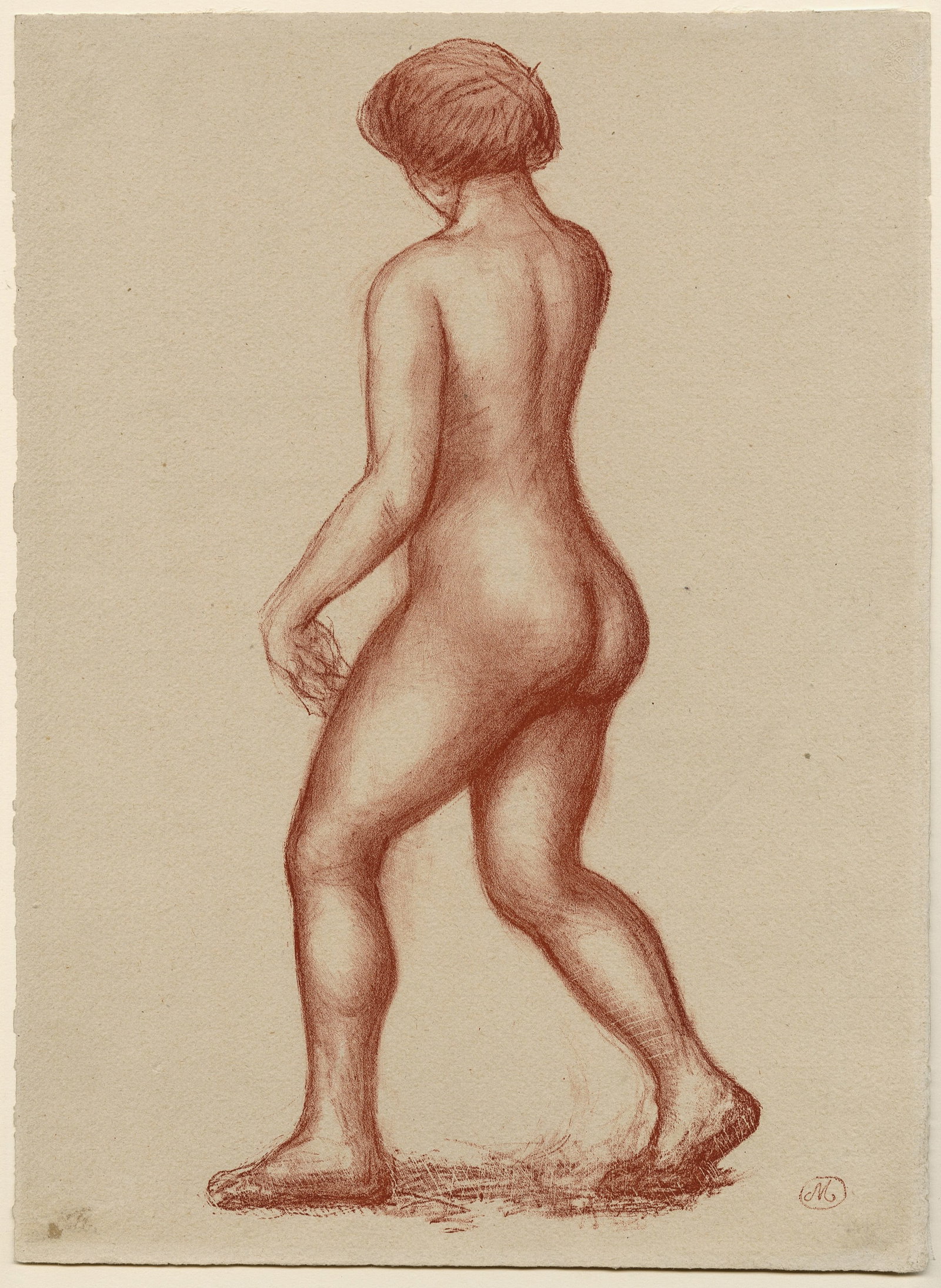 MAILLOL: "Standing Nude Walking to Left".: Aristide MAILLOL (French, 1861-1944): "Standing Nude Walking to Left". Lithograph in sepia on laid Monval paper. Reference: Guerin 316. From the set titled "Ovide, L'Art d'Aimer", published by
