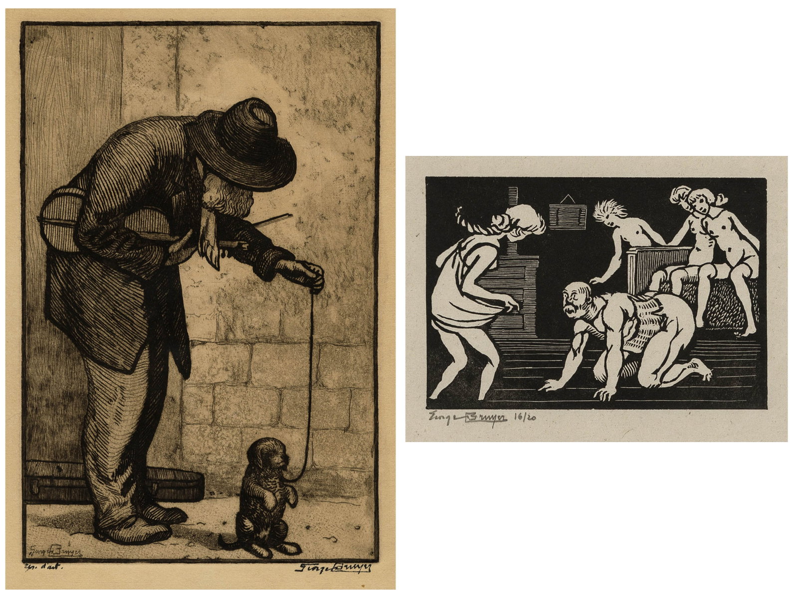 Georges BRUYER: Two prints.: Two prints by Georges BRUYER (French, 1883-1962): "Street Performer with Puppy (descriptive title)", together with a wood engraving depicting an erotic frolic. Etching on wove paper. Artist's proof, s