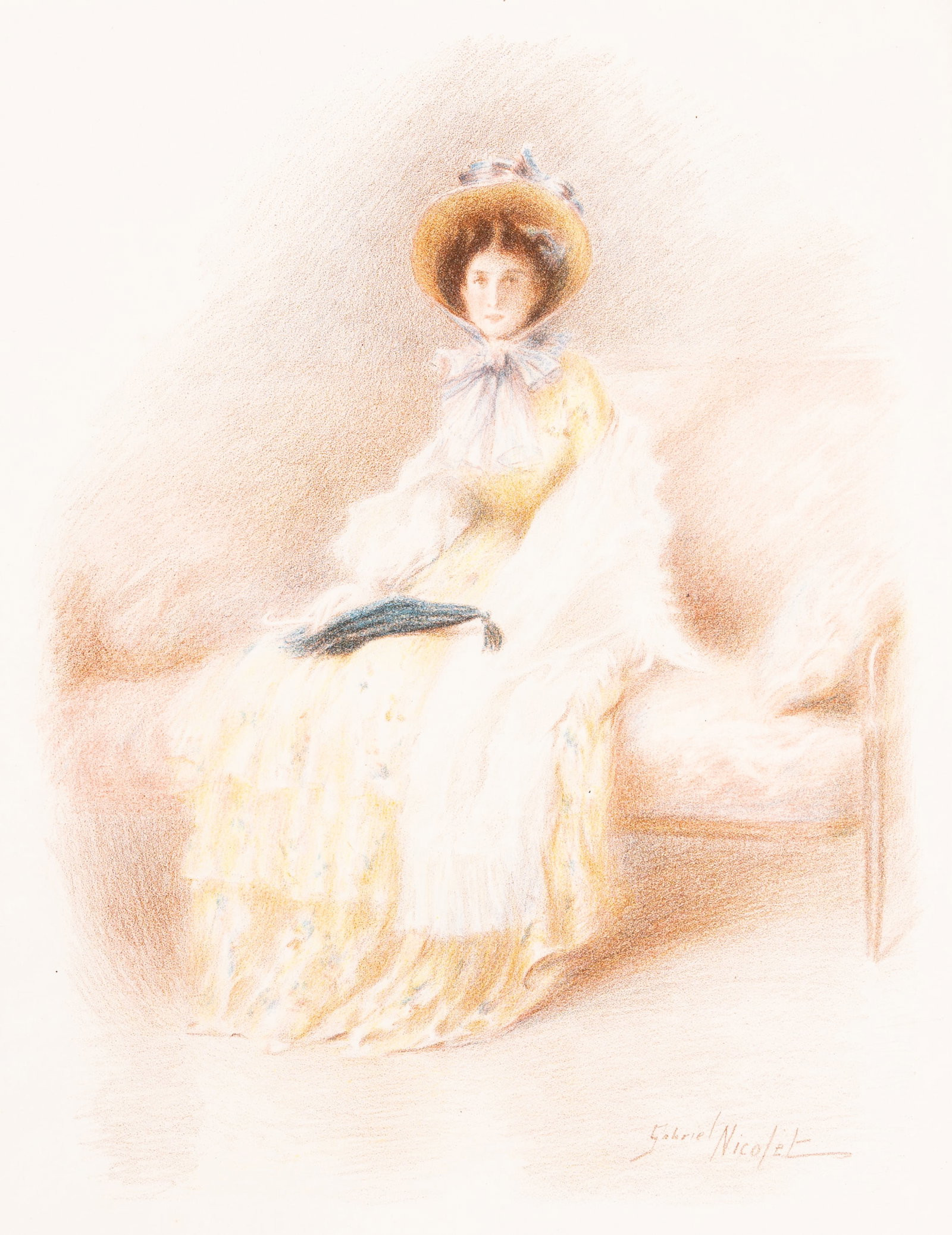 Gabriel NICOLET: "The Parasol".: Gabriel NICOLET (Swiss, 1856-1926): "The Parasol". Color lithograph on wove MBM paper, circa 1895. Signed in the brown stone. Image size: 14 1/2 x 11 inches. Sheet size: 20 x 15 1/2 inches.