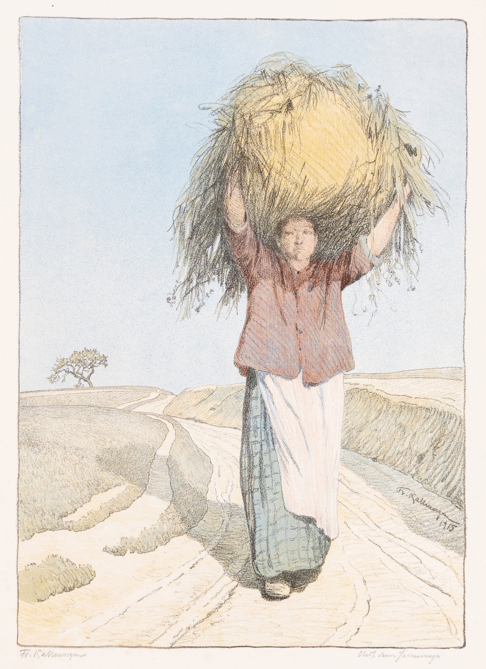Friedrich KALLMORGEN: "Woman Carrying Hay".: Friedrich KALLMORGEN (German, 1856-1924): "Woman Carrying Hay". Color lithograph on wove paper, 1915. Signed in pencil, and also cosigned by another unidentified artist, for an unexplained reason.