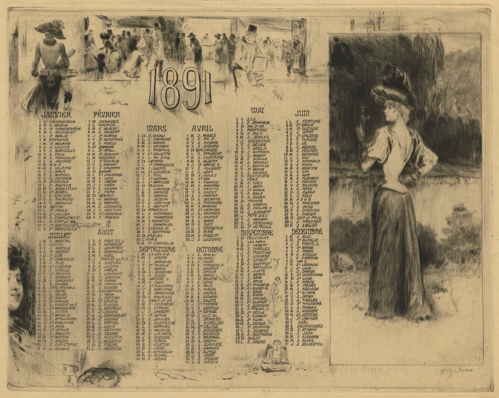 Henry SOMM: "1891 Calendar".: Henry SOMM (French, 1844-1907): "1891 Calendar". Drypoint on simili-Japan paper, 1890-91. Signed in pencil. Plate size: 10 5/8 x 13 1/2 inches. Sheet size: 12 1/2 x 19 5/8 inches.