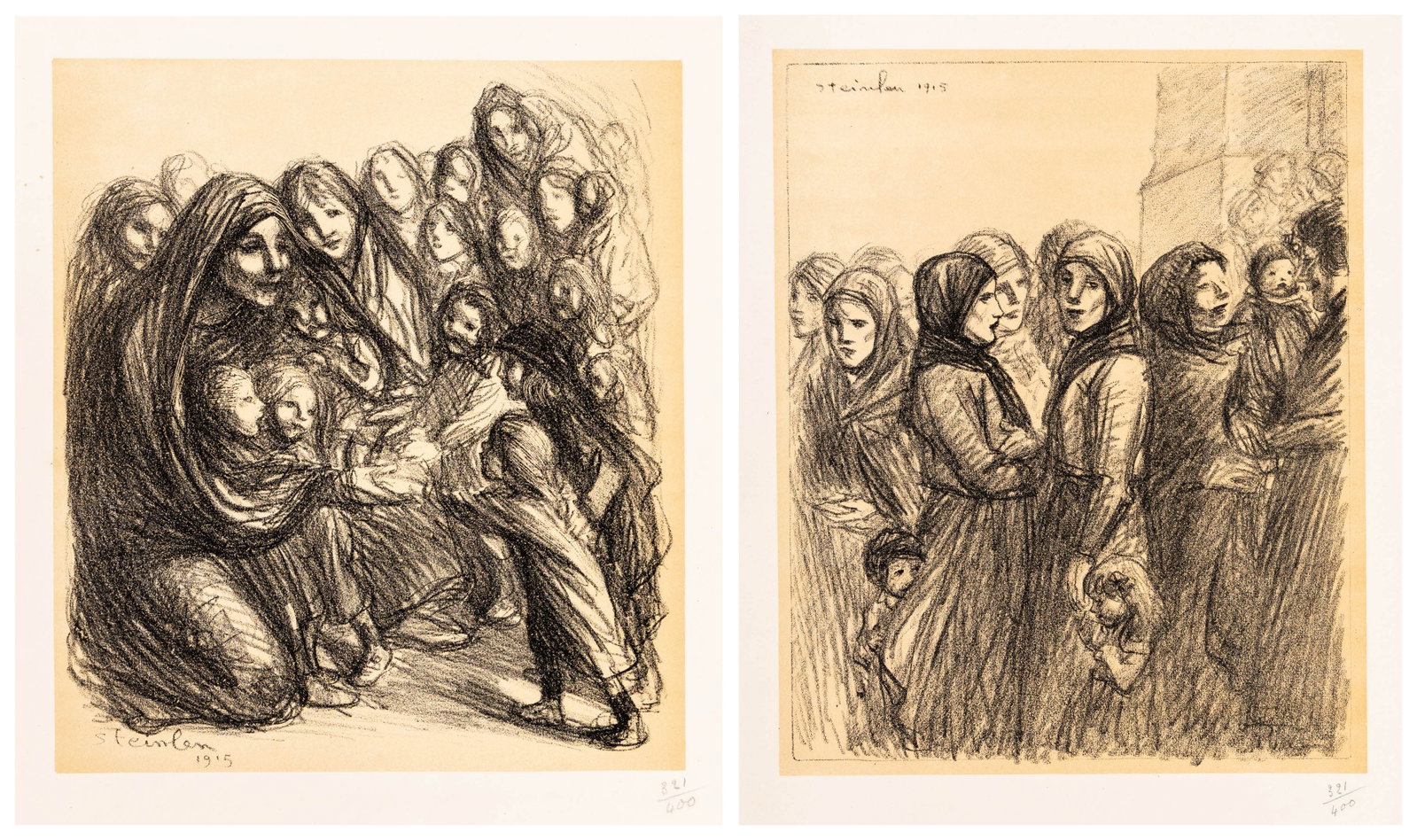 STEINLEN: Two plates from a WWI Portfolio.: Two plates from a WWI Portfolio by Alexandre-Theophile STEINLEN (French, 1859-1923): "Charity", "Patriots". Lithographs with beige tint stone on J Perrigot wove paper, 1915. From the series "Les Meurt