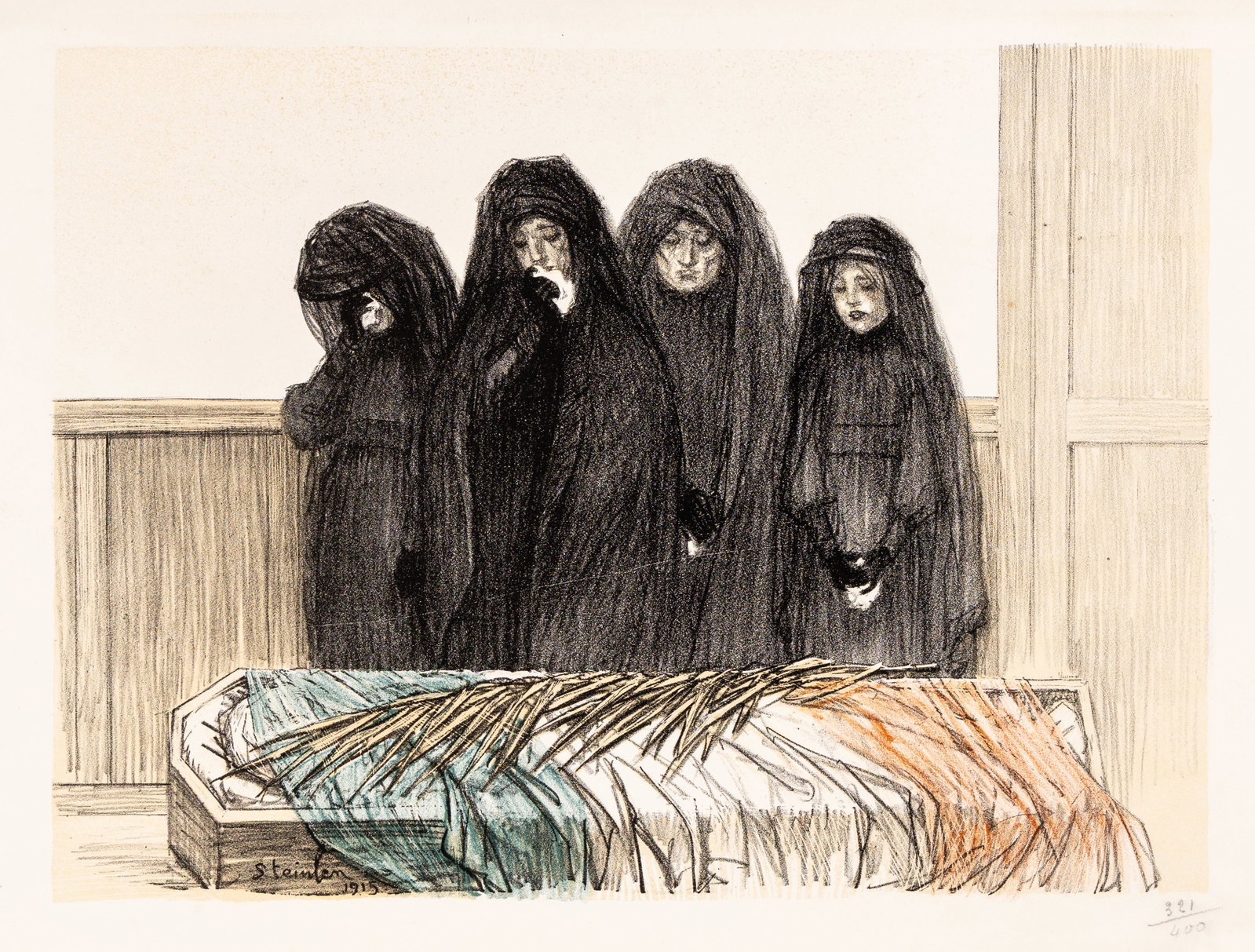 Alexandre-Theophile STEINLEN: "La Gloire".: Alexandre-Theophile STEINLEN (French, 1859-1923): "La Gloire" (Glory). Color lithograph on wove paper, 1915. From the series "Les Meurtrissures de la Grande Guerre". Image size: 11 3/4 x 16 inches.