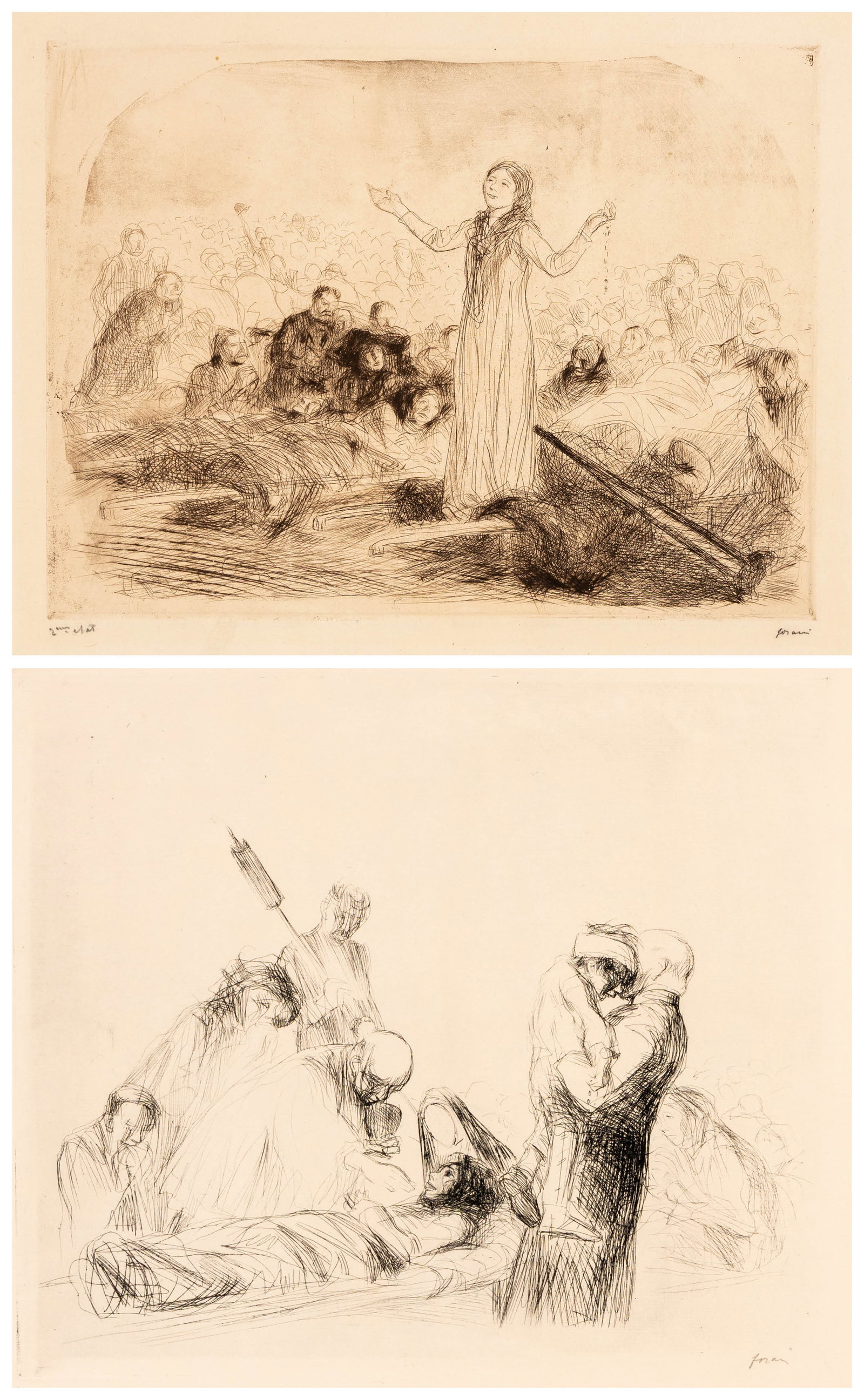 Jean-Louis FORAIN: Two Lourdes Themed Etchings.: Two Lourdes Themed Etchings by Jean-Louis FORAIN (French, 1852-1931): 1) La Miraculee" (The Miracled), Etchings on Japan wove paper, 1912-13. Signed and annotated in black crayon. Plate size: 10 1/4 x