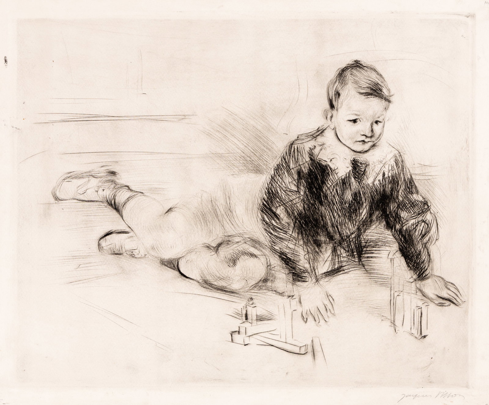 Jacques VILLON: "Portrait d'un Petit Garcon".: Jacques VILLON (French, 1875-1963): "Portrait d'un Petit Garcon". Drypoint on laid Arches paper, 1906. Reference: Ginestet et Pouillon E151. Edition of 25. Signed in pencil. Plate size: 15 3/4 x 19 1/