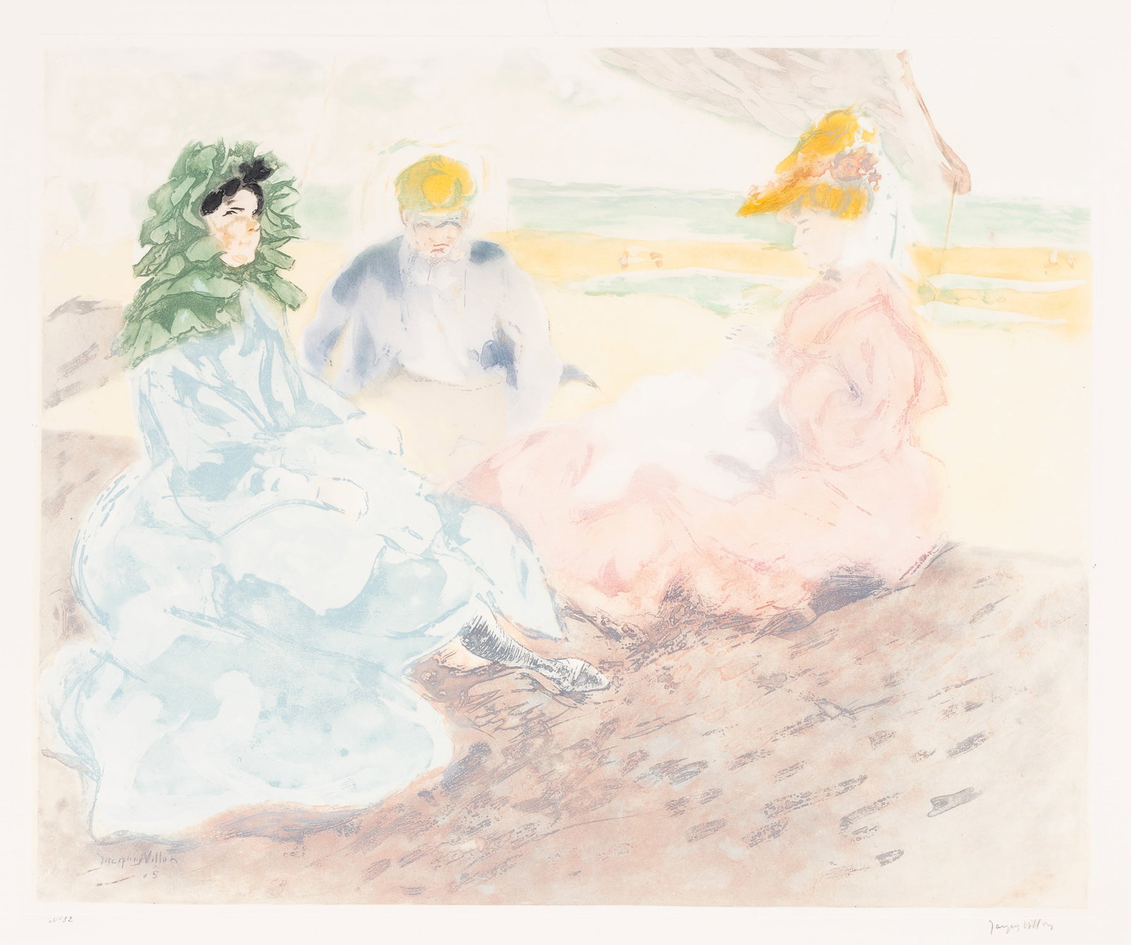 VILLON: "Sous la Tente, Sur la Plage (Blonville)": Jacques VILLON (French, 1875-1963): "Sous la Tente, Sur la Plage (Blonville)". Color aquatint on wove paper, 1905. Reference: Ginestet et Pouillon E137. Edition of 50. Signed and numbered in pencil.