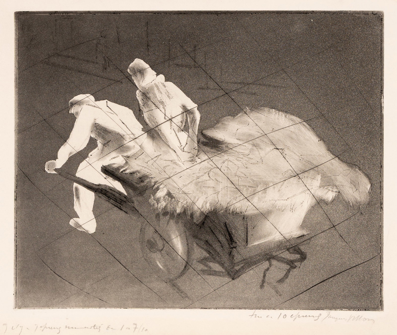 Jacques VILLON: "Marchand des Quatres Saisons".: Jacques VILLON (French, 1875-1963): "Marchand des Quatres Saisons". Soft-ground and aquatint, cancelled with drypoint, on laid Arches paper, 1912-13. Reference: Ginestet et Pouillon E1274. One of ten