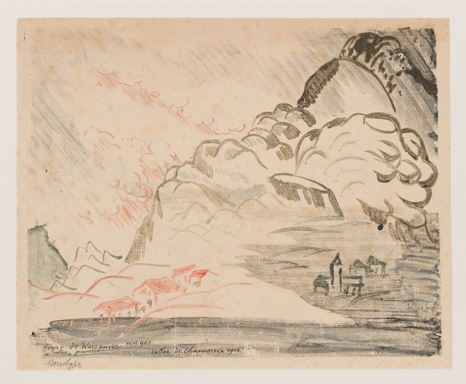 Henry de WAROQUIER: "Vallee de Chamonix".: Henry de WAROQUIER (French, 1881-1970): "Vallee de Chamonix". Monotype on chine applique on thick wove paper, 1916. Signed, titled, dated, and inscribed "No. M. 961" in black ink. Inscribed