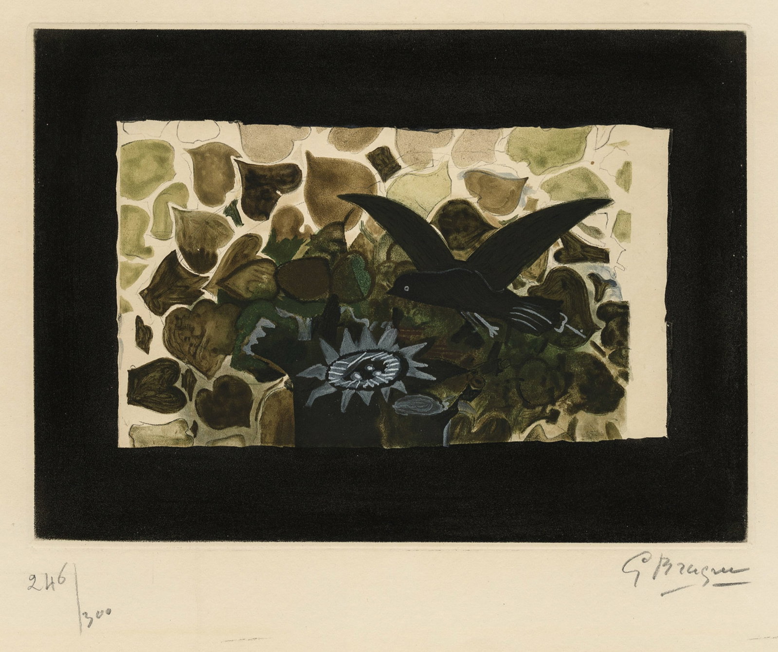 Georges BRAQUE: "Le Nid Vert".: Georges BRAQUE (French, 1882-1963) "Le Nid Vert". Color aquatint on Rives wove paper, circa 1950-56. Reference: Maeght 1028, Vallier page 294. Edition of 300. Published by Maeght, Paris. Printed by At