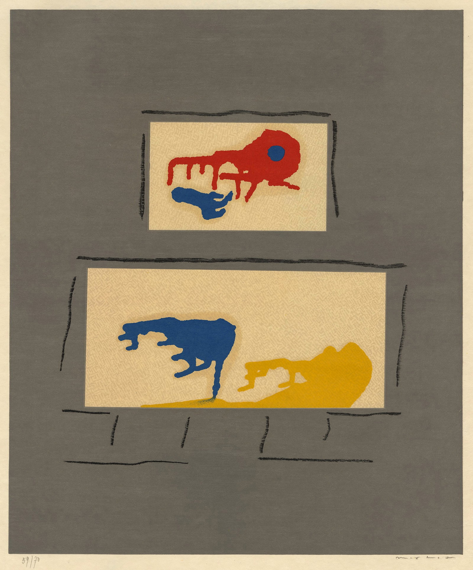 Max ERNST: "Comme Midi fume un verre".: Max ERNST (German French 1891-1976): "Comme Midi fume un verre". Color lithograph on japan nacre wove paper,1969. Reference: Spies-Leppien A19A. Edition of 70. From the "Dent prompte" portfolio. Publi