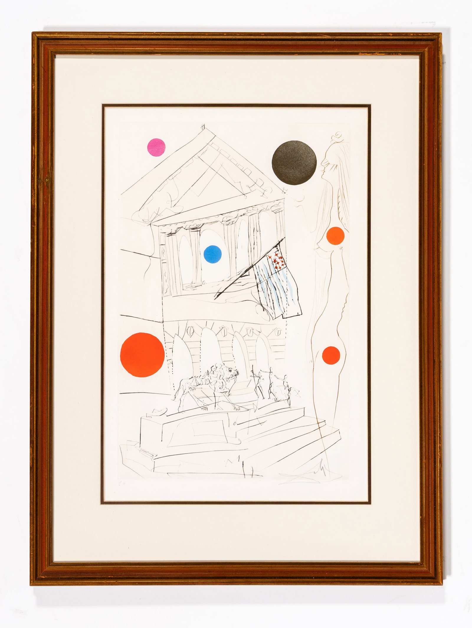 Salvador DALI: "Art Institute of Chicago".: Salvador DALI (Spanish, 1904-1989): "Art Institute of Chicago". Drypoint with pochoir coloring on Arches wove paper, 1975. Print from the series of four titled "Visions of Chicago", published by