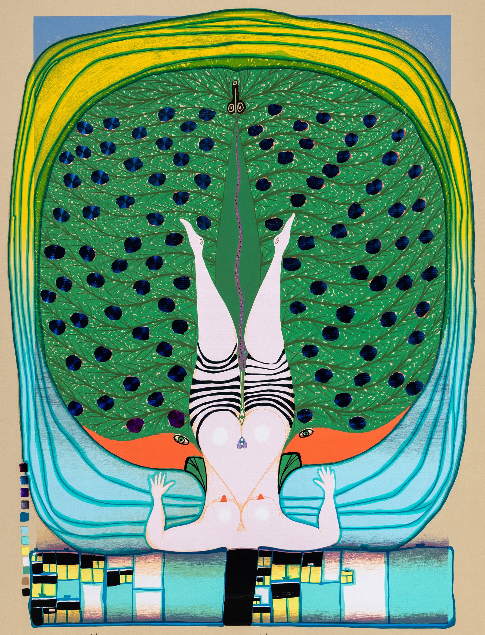 HUNDERTWASSER: Hommage to Schroeder-Sonnenstern.: Friedensreich HUNDERTWASSER (Austrian, 1928-2000): Hommage to Schroeder-Sonnenstern". Color screenprint with metallic foil embossing on laid tan paper, 1972. From the unsigned edition. Sheet size: 39