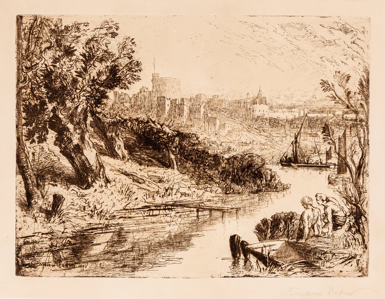 Seymour HADEN: "Windsor Castle".: Seymour HADEN (Britrish, 1818-1910): "Windsor Castle". Etching printed in brown ink on thick J Whatman wove paper, 1878. Reference: Schneiderman 186. Signed in pencil. Plate size: 13 x 17 1/2 inches. 