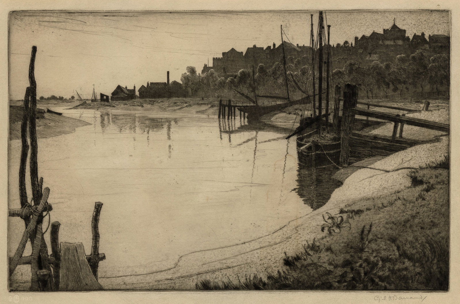 BARRAUD: "Thames Estuary at Low Tide".: Cyril Henry BARRAUD (British Canadian, 1877-1965): "Thames Estuary at Low Tide". Etching on "J. Whatmann 1919 handmade" wove paper. Edition unknown, but seemingly scarce, as are most of the artist's