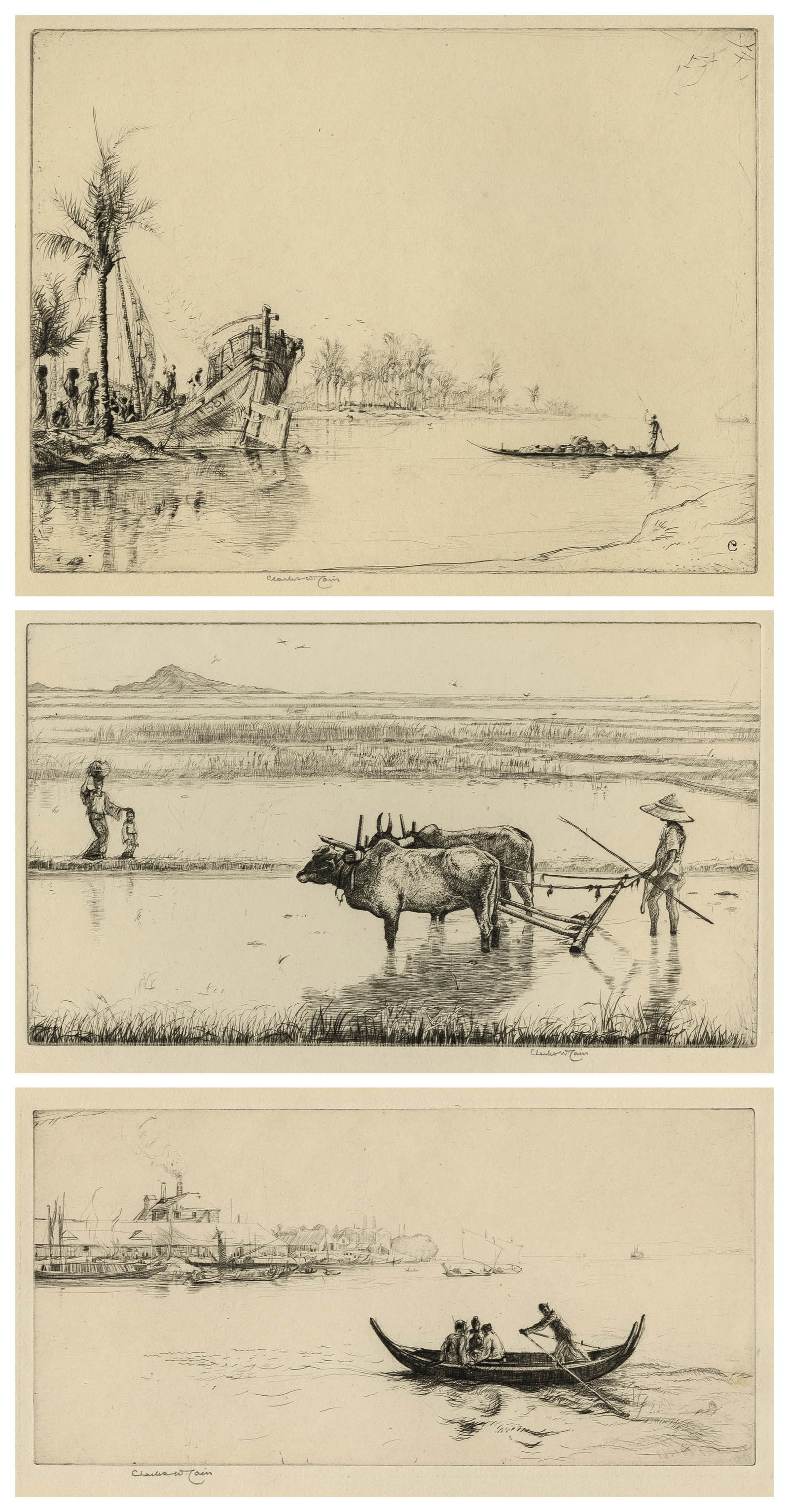 Charles W. CAIN: Three etchings on wove paper.: Charles W. CAIN (British, 1893-1962): Three etchings on wove paper, "Crossing the Creek", "Loading Dates" and "KMM". All signed in pencil. Plate size of the largest: 7 x 9 3/8 inches. Sheet size: 9