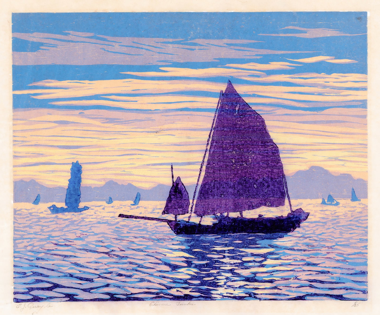 Edward Christian QUAYLE: "Chinese Junks".: Edward Christian QUAYLE (British, 1872-1946): "Chinese Junks". Color woodcut on thin wove Japan paper. Edition of 25. Signed, titled, and numbered in ink. Image size: 13 x 16 inches. Sheet size: 17