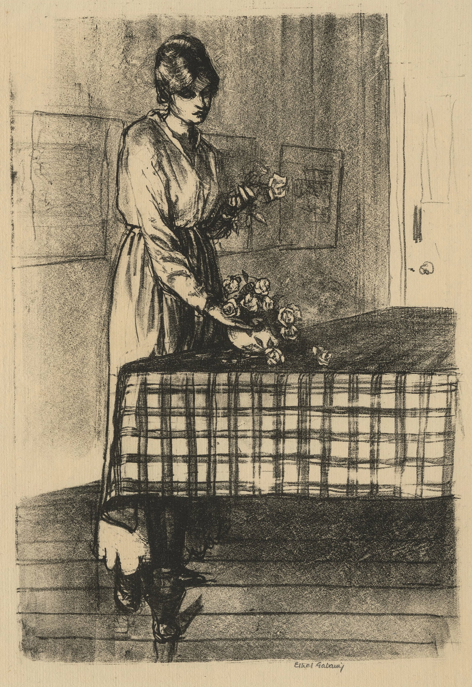 Ethel GABAIN: "Checkered Tablecloth".: Ethel GABAIN (British, 1883-1950): "Checkered Tablecloth". Lithograph on laid paper with scrolly "FLH" or "FIH" watermark, 1915. Reference: Wright 166. Edition of 24. Signed in pencil. Image size: 12