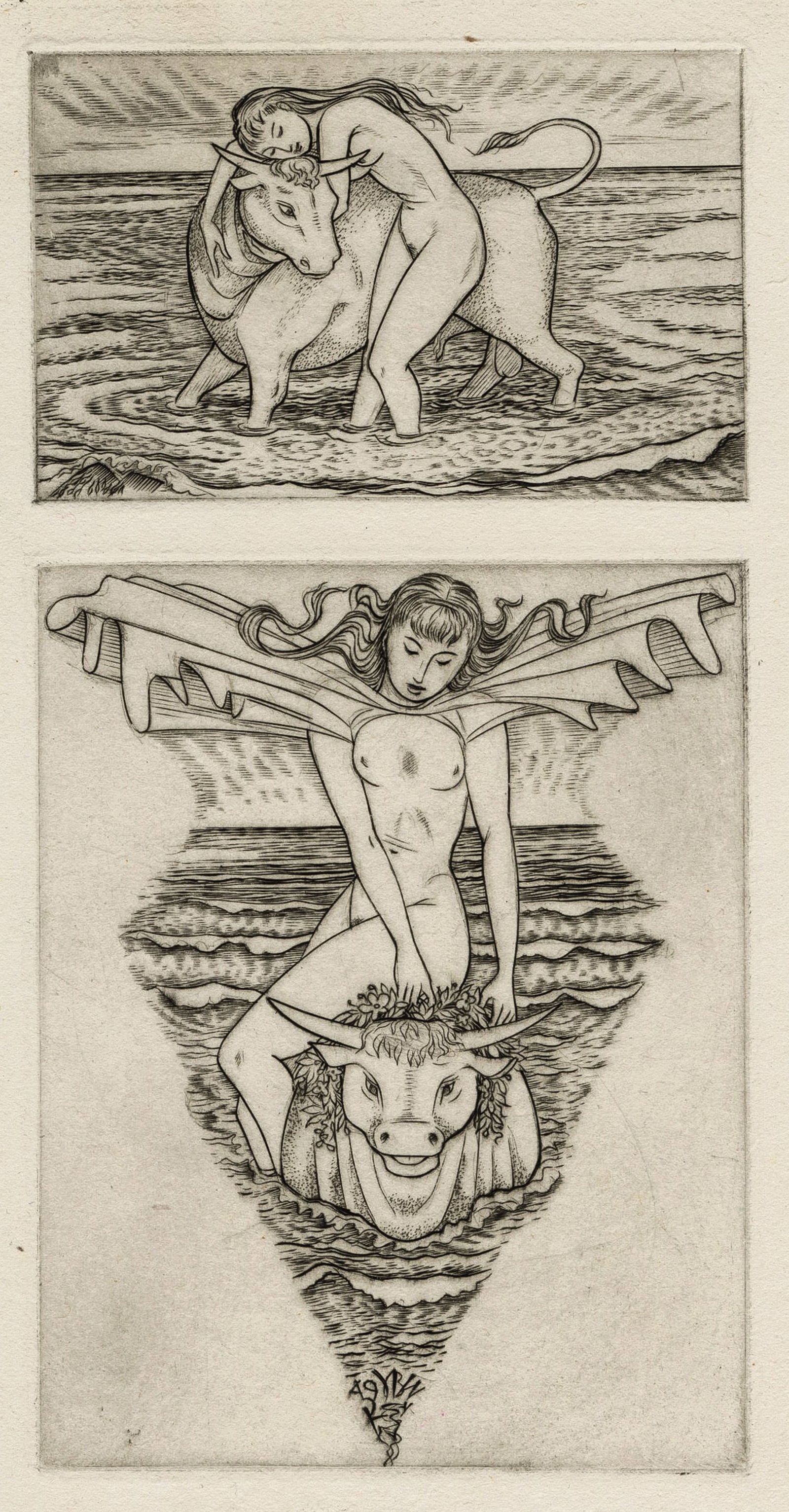 John Buckland WRIGHT: "Afternoon of a Faun".: John Buckland WRIGHT (British, 1897-1954): "Afternoon of a Faun". Pure line engravings printed together on one sheet of wove paper, with the artist's monogrammed studio stamp on the verso. Inspired