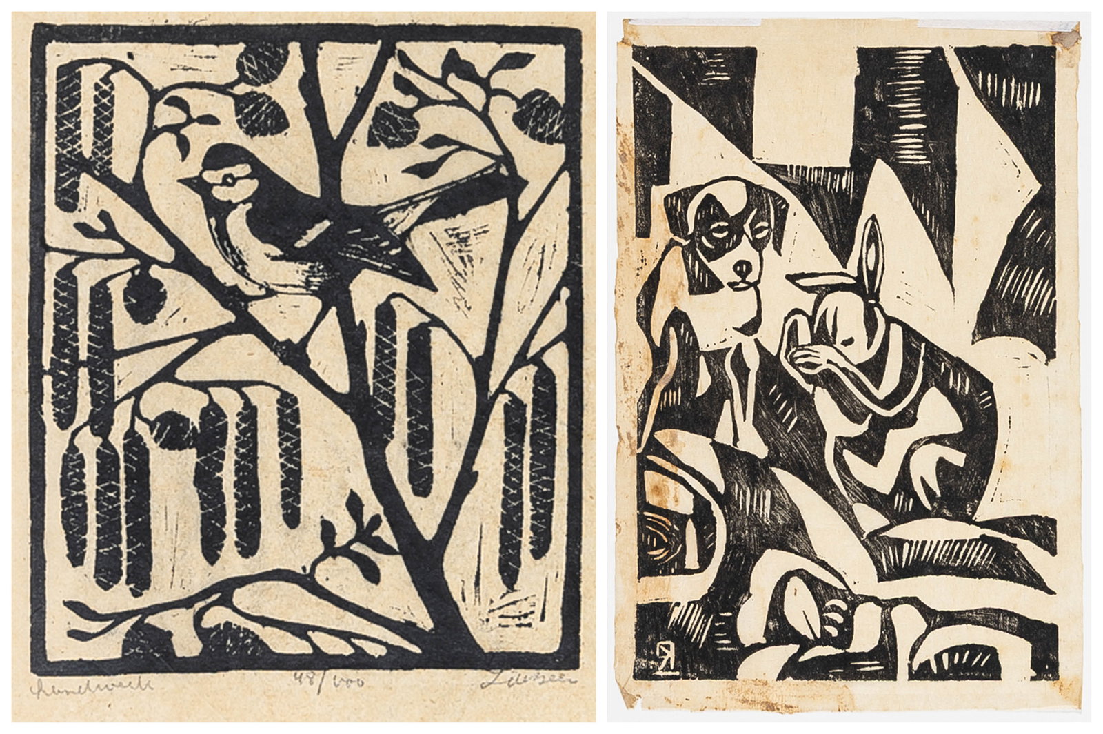 Two Dutch Woodcuts.: Two Dutch Woodcuts. 1) Jac De BEER (Dutch, 1888-1946): "Sparrow in a Willow". Woodcut on tissue-thin tan wove paper. Edition of 100. Signed, titled, and annotated "handwerk" (ENG: work by hand) in pen
