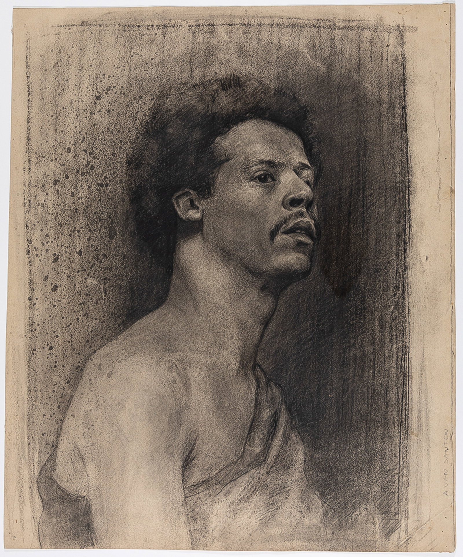 Anonymous Dutch Academic Portrait.: Anonymous Dutch Academic Portrait. Black chalk and spatter on thick wove paper, late XIXth century. Signed illegibly on the verso "A van San..." in black pencil. Sheet size: 21 1/2 x 17 7/8 inches.