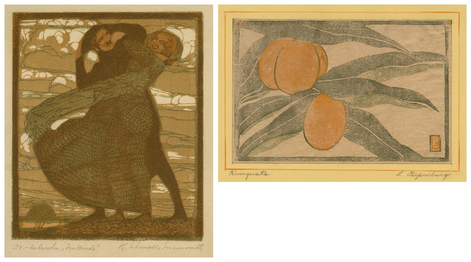 Two color woodcuts.: Two color woodcuts. 1) Karl SCHMOLL von EISENWERTH (German Austrian, 1879-1948): "Im Winde" (In the Wind). Color woodcut on laid MBM paper. Signed, titled, and annotated "Or.-Holzschn." in pencil.